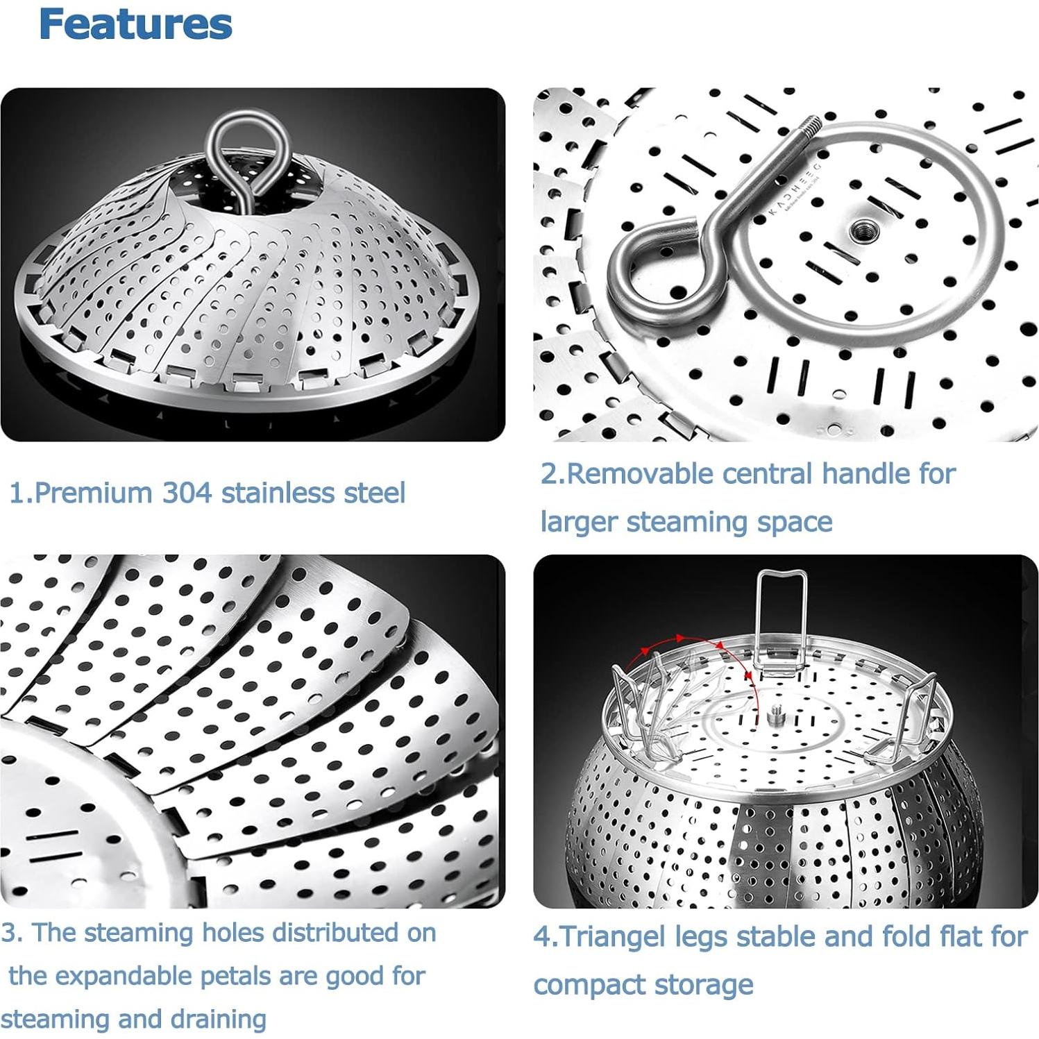 Vegetable Steamer Basket, 304 Stainless Steel Steamer for Cooking, Expendable Food Steamer to Fit Various Size Pot (5.7" to 9" + 7.3" Kitchen Tong)