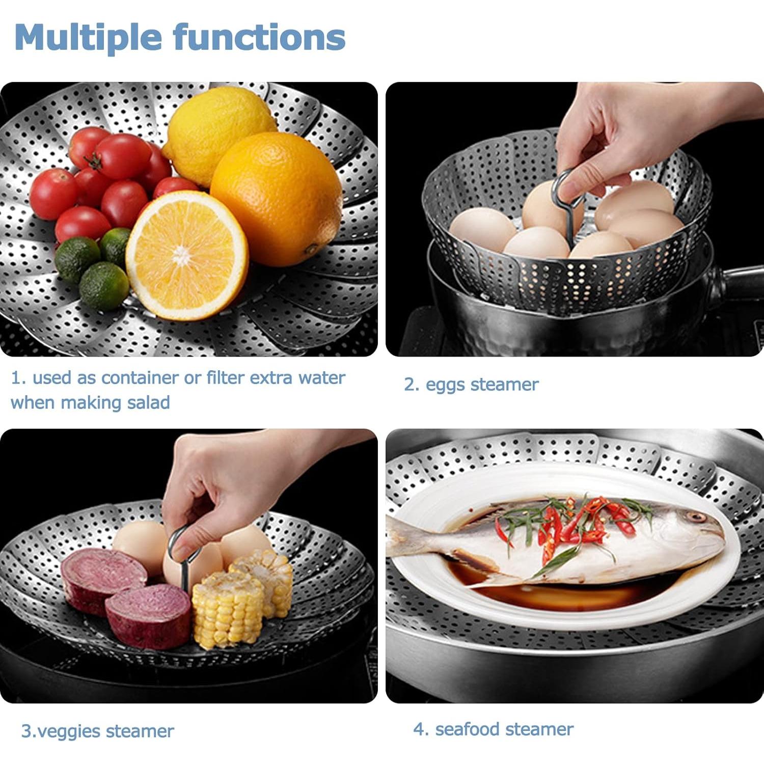 Vegetable Steamer Basket, 304 Stainless Steel Steamer for Cooking, Expendable Food Steamer to Fit Various Size Pot (5.7" to 9" + 7.3" Kitchen Tong)