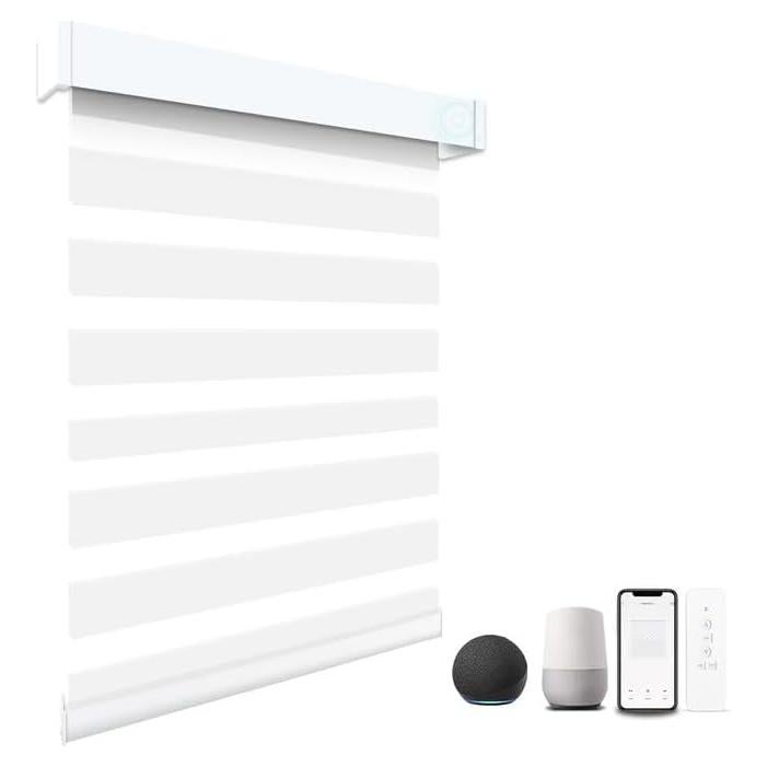 Motorized Blinds with Remote, 95% Blackout Smart Electric Zebra Shades, Built-in Rechargeable Tubular Motor Automatic Blinds for Window Compatible with Alexa Google (Luxurious White, 20" W x 72" H)