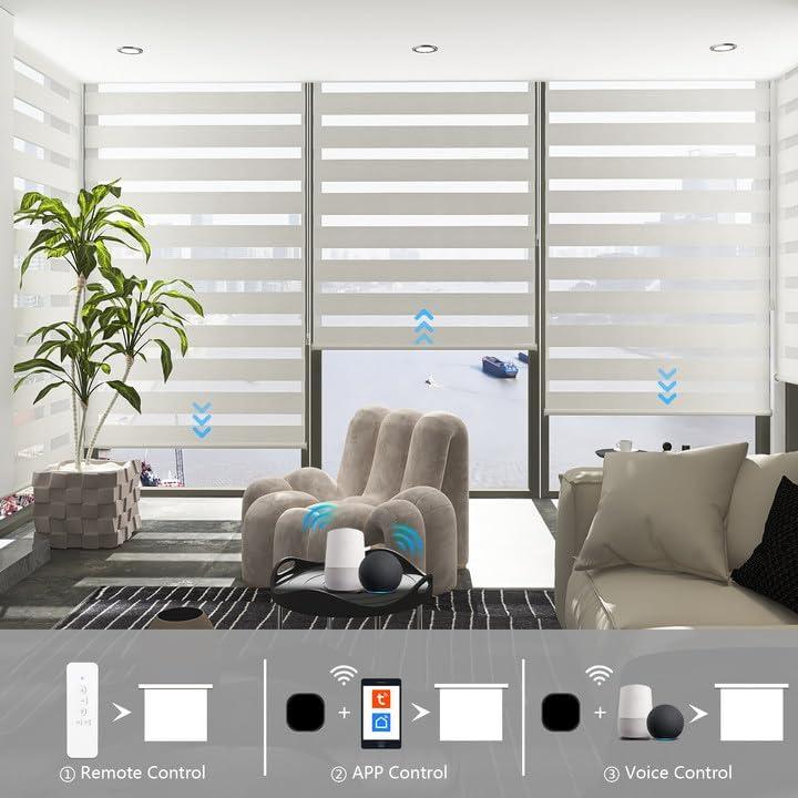 Motorized Blinds with Remote, 95% Blackout Smart Electric Zebra Shades, Built-in Rechargeable Tubular Motor Automatic Blinds for Window Compatible with Alexa Google (Luxurious White, 20" W x 72" H)