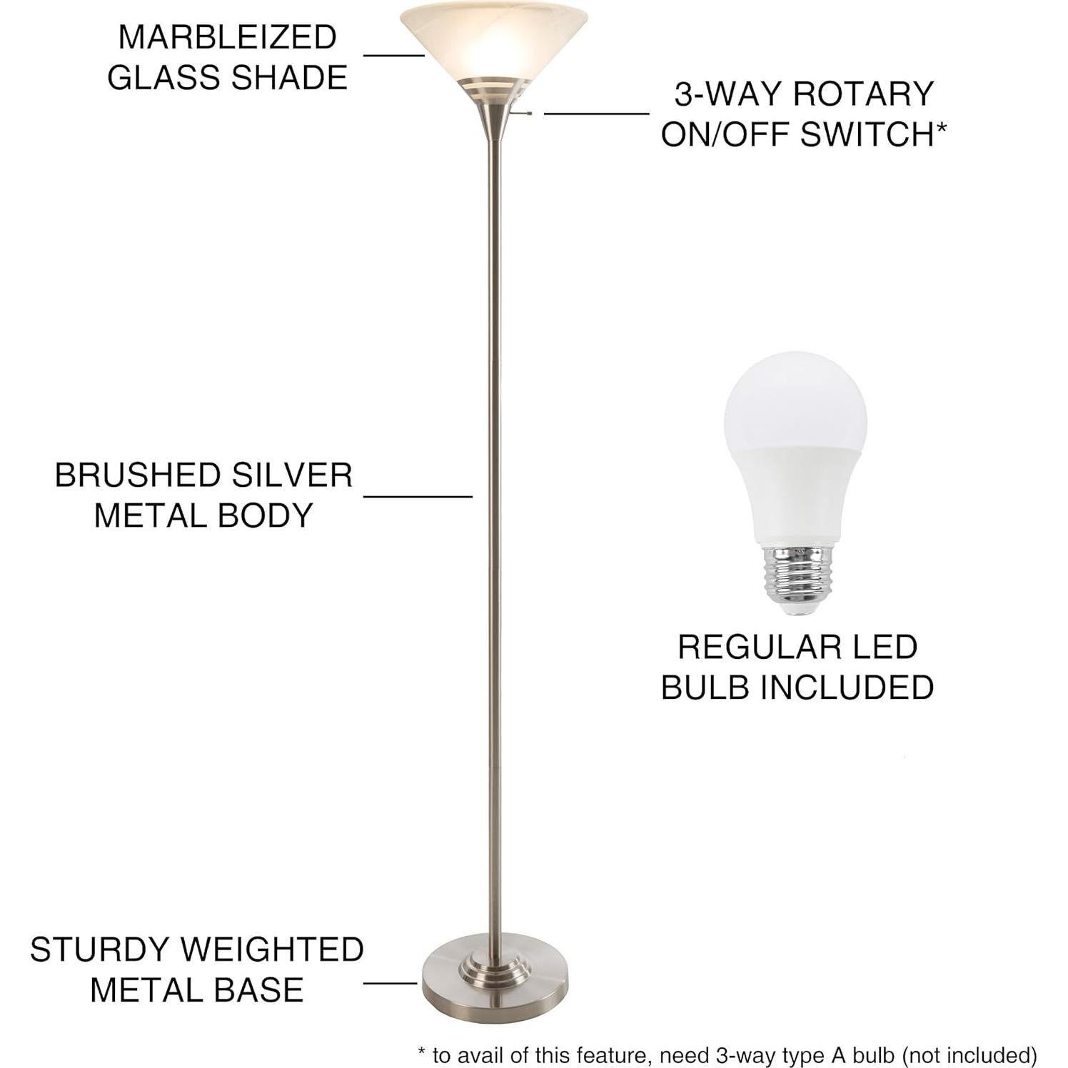 Lámpara de Pie Torchiere Lavish Home - LED Incluida, Plata Cepillada