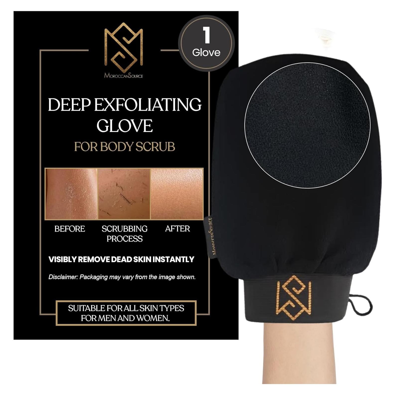 Exfoliating Glove Kessa Mitt Body Scrubber - Dead Skin Remover Shower Glove for Dead Skin Scrubbing and Deep Pore Cleansing - by MoroccanSource (1 Pack Black)