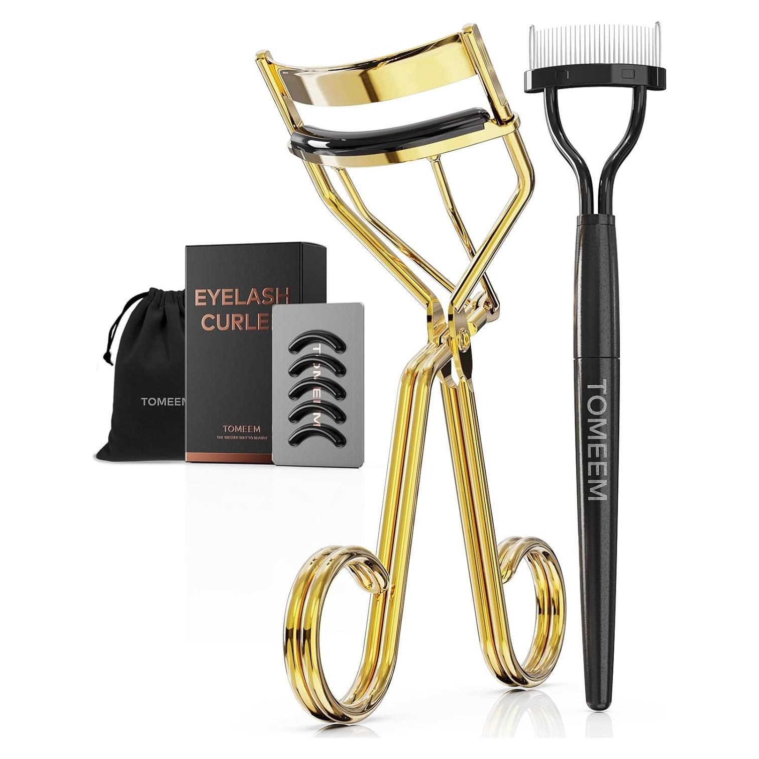 Rizador de Pestañas TOMEEM Dorado con Peine y Almohadillas