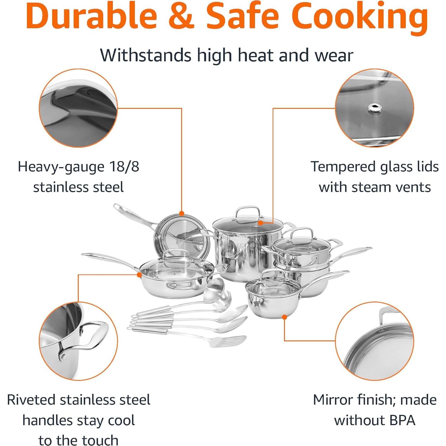 Juego de Utensilios de Cocina 15 Pzas Amazon Basics Acero Inox