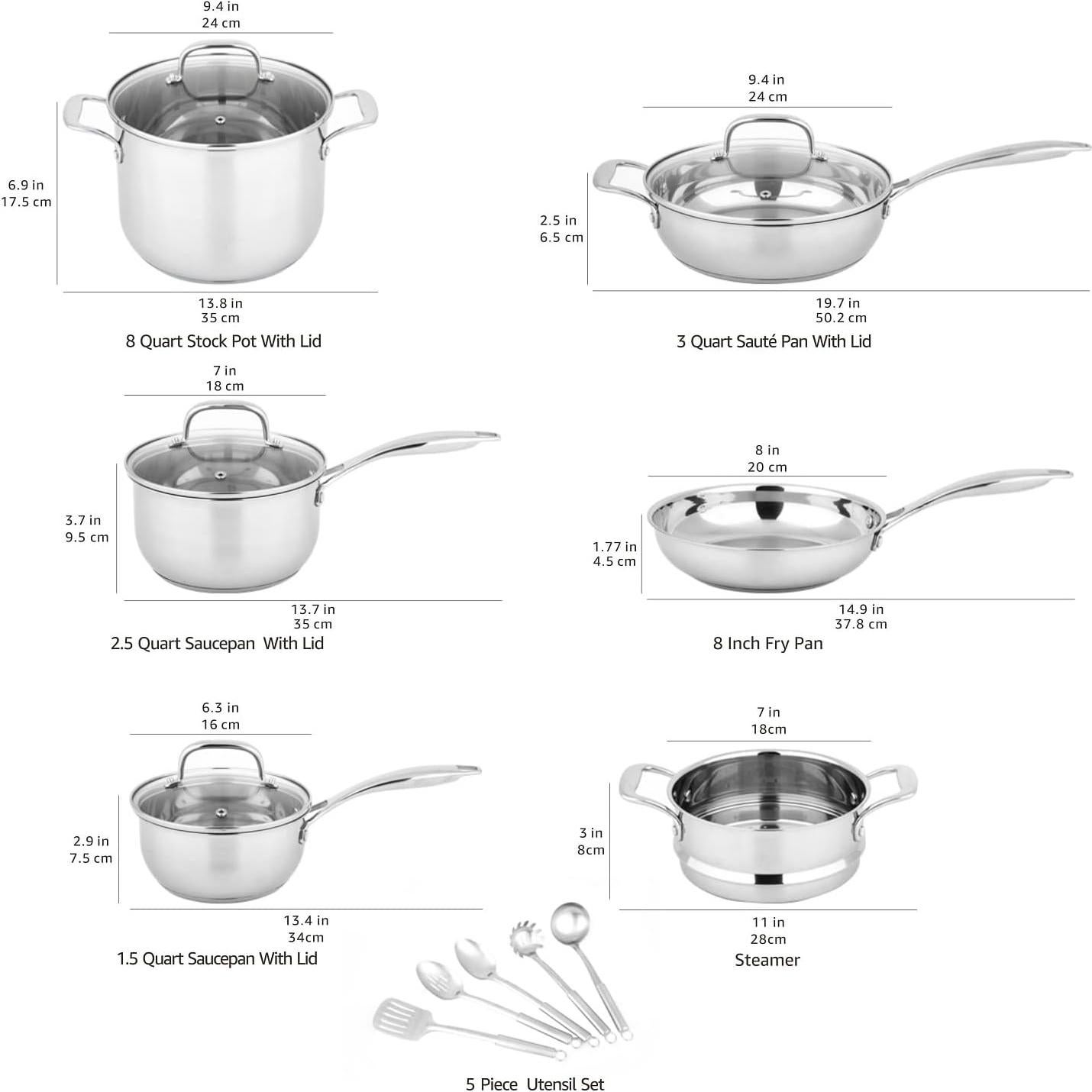 Juego de Utensilios de Cocina 15 Pzas Amazon Basics Acero Inox