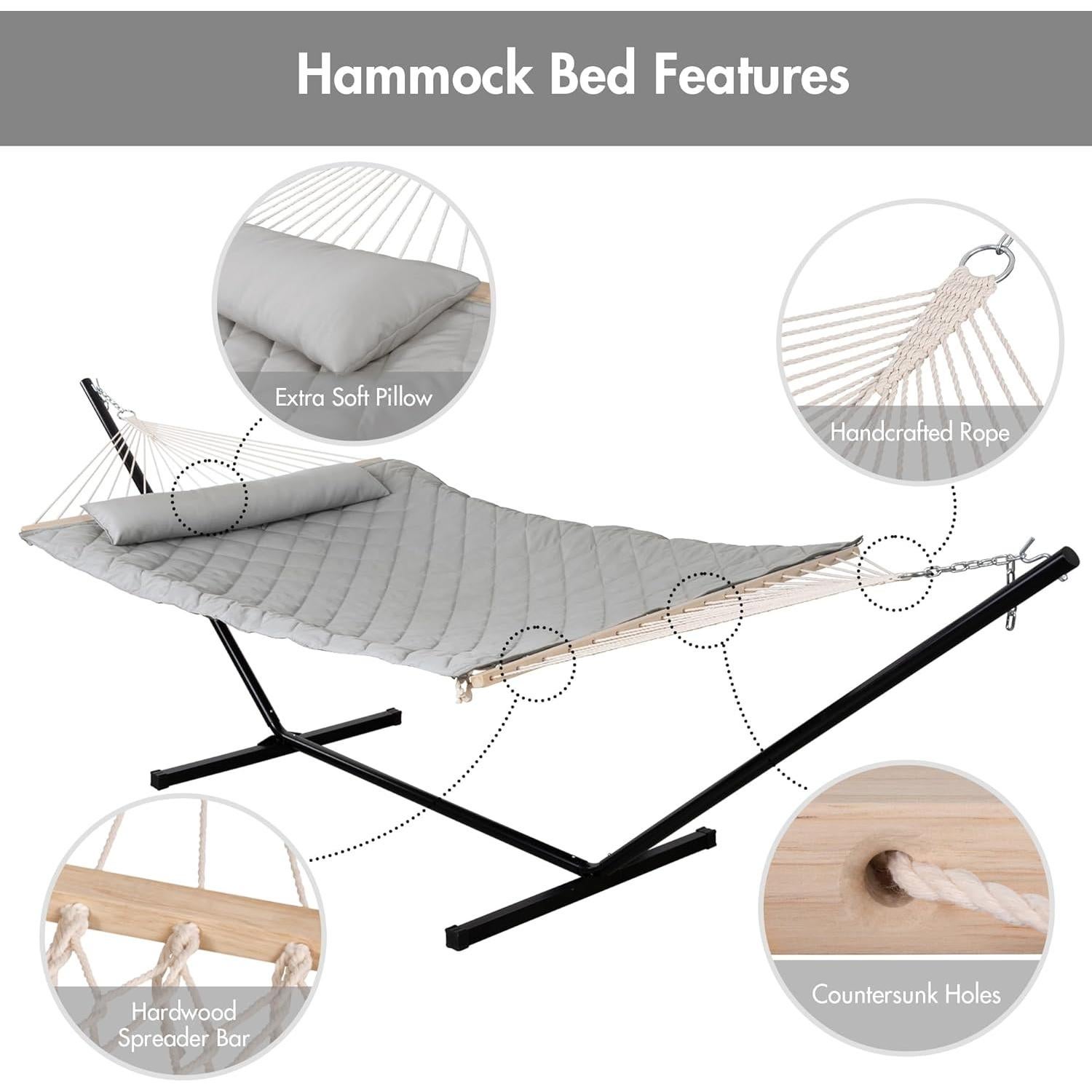 Hamaca Doble ANOW con Soporte de 3.66 m y Almohada Gris