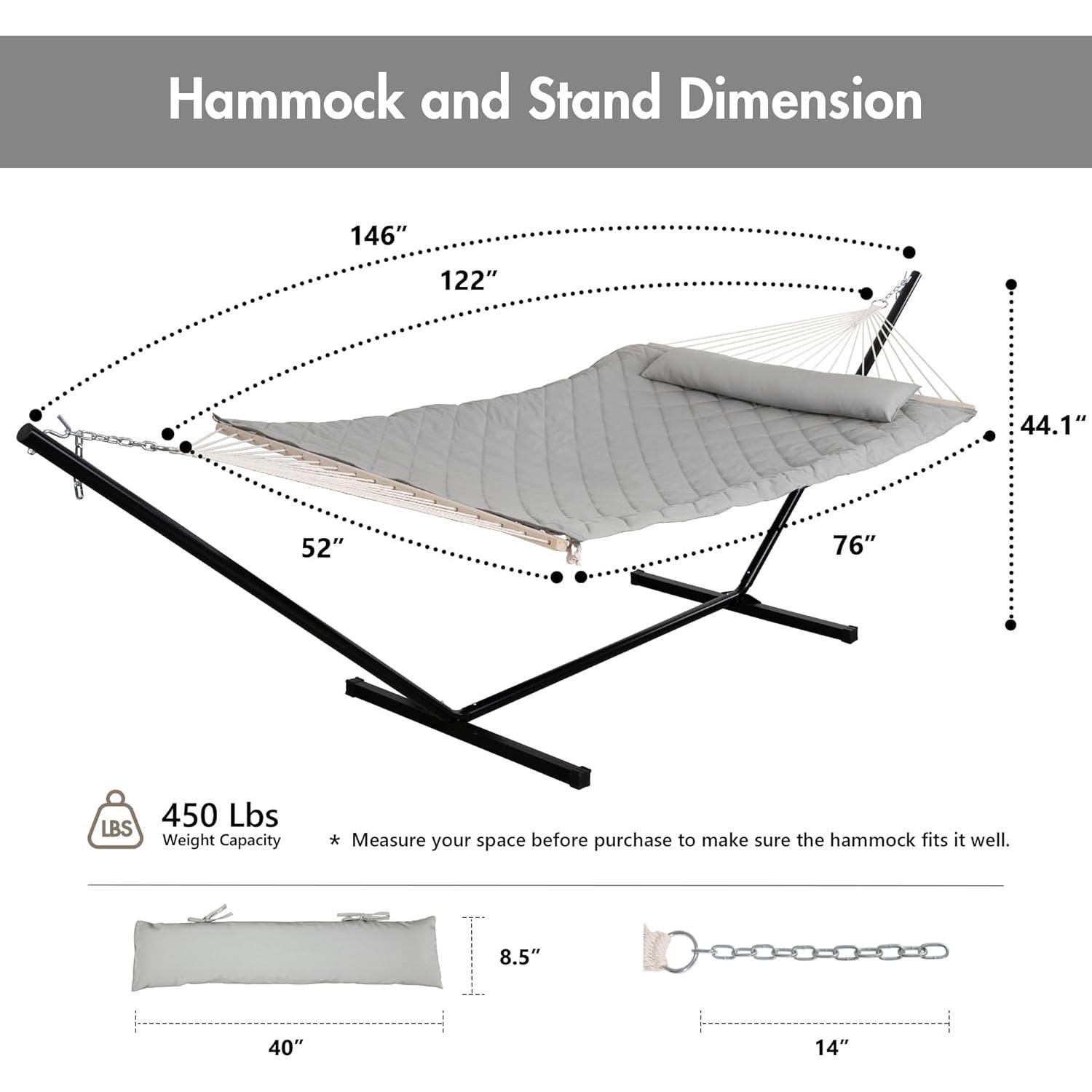 Hamaca Doble ANOW con Soporte de 3.66 m y Almohada Gris