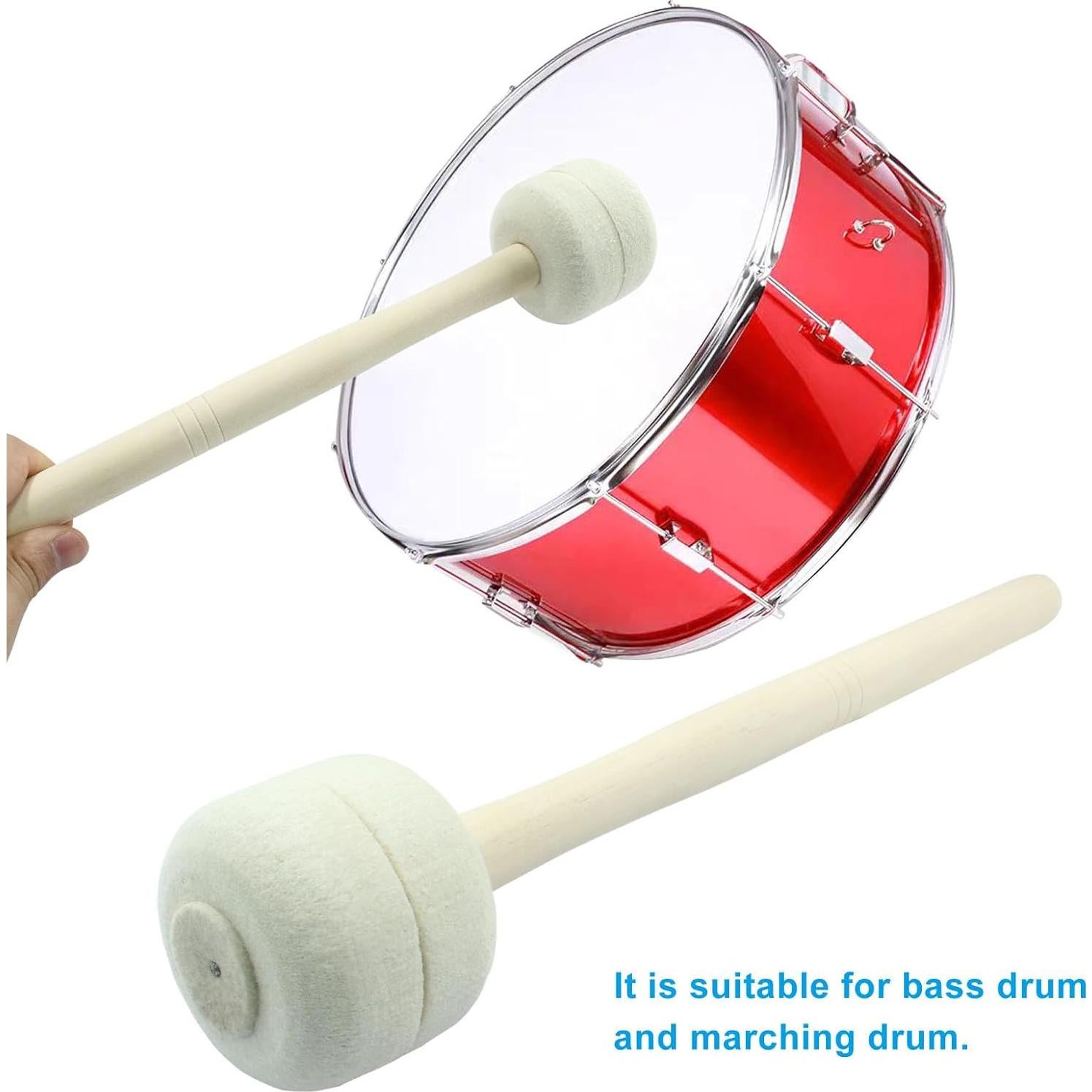 Waziaqoc 2Pcs Bass Drum Mallet, 12.6 Inch Wool Felt Head Drum Mallet Stick, Maple Stick Body Mallet for Percussion Marching Band