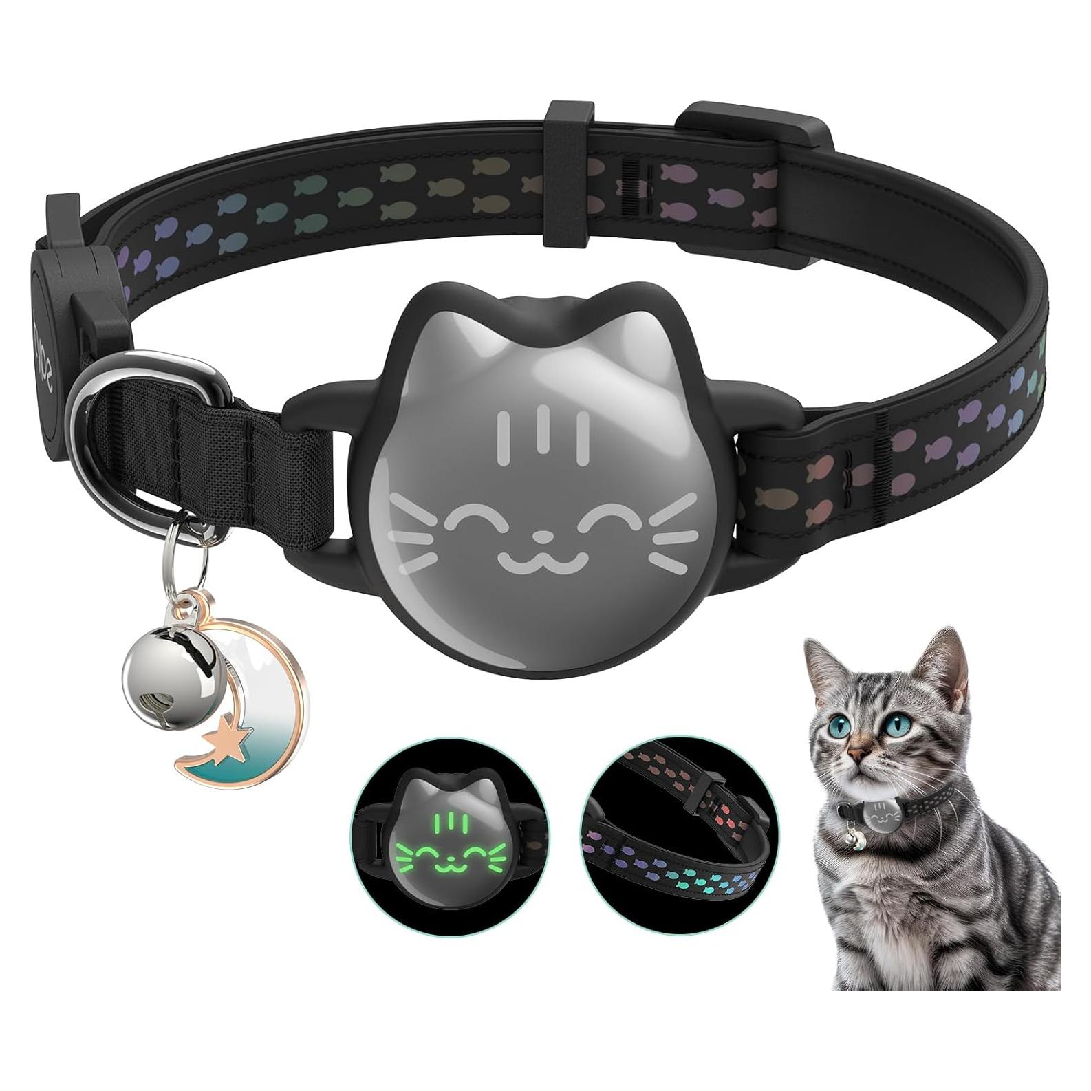 Waterproof Airtag Cat Collar, Breakaway Cat Airtag Collar with Luminous & Reflective Fish Pattern, Lightweight Kitten Collars for Apple Air tag, Hidden GPS Tracker Holder for Cats, Kittens(9-13")