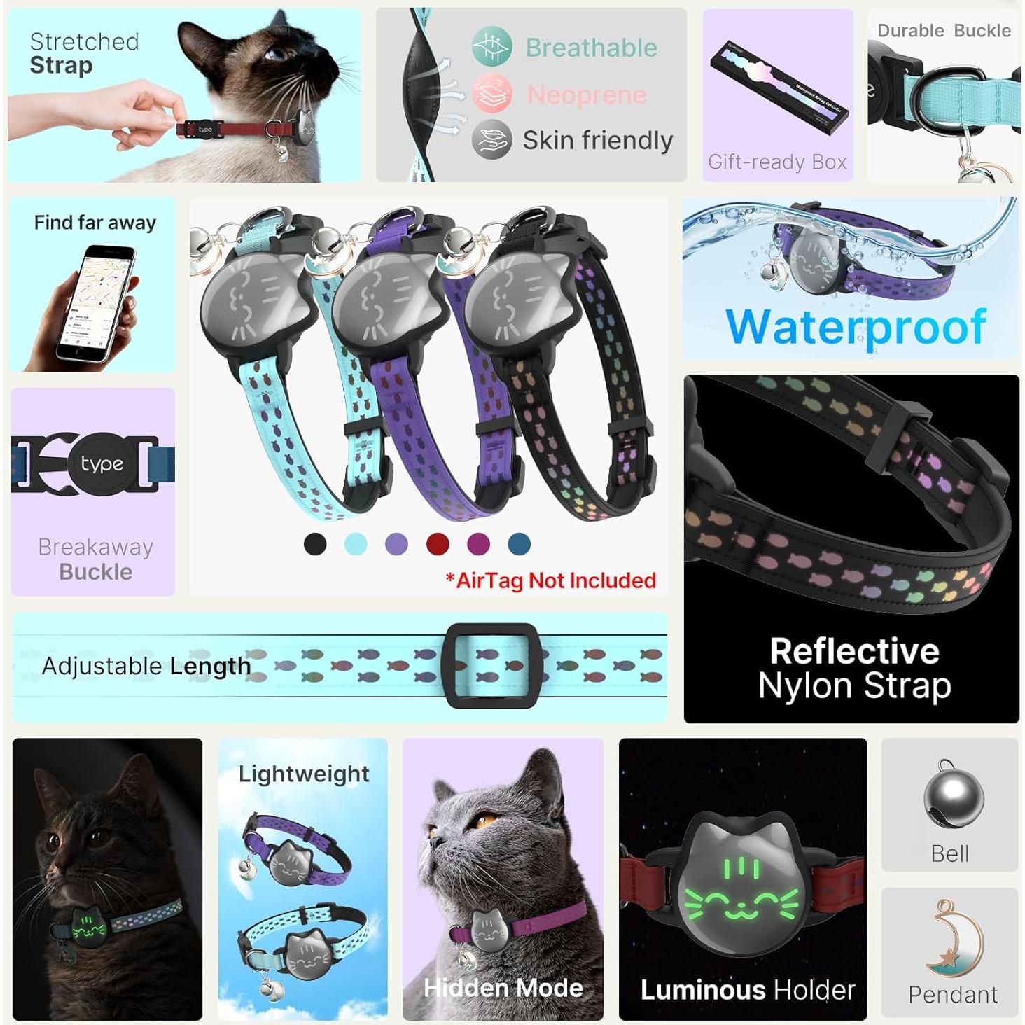 Waterproof Airtag Cat Collar, Breakaway Cat Airtag Collar with Luminous & Reflective Fish Pattern, Lightweight Kitten Collars for Apple Air tag, Hidden GPS Tracker Holder for Cats, Kittens(9-13")