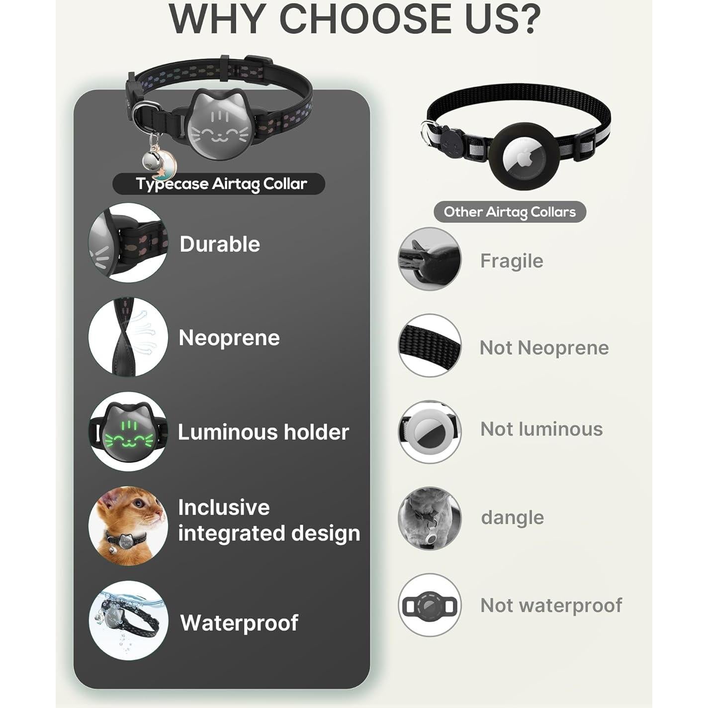 Waterproof Airtag Cat Collar, Breakaway Cat Airtag Collar with Luminous & Reflective Fish Pattern, Lightweight Kitten Collars for Apple Air tag, Hidden GPS Tracker Holder for Cats, Kittens(9-13")