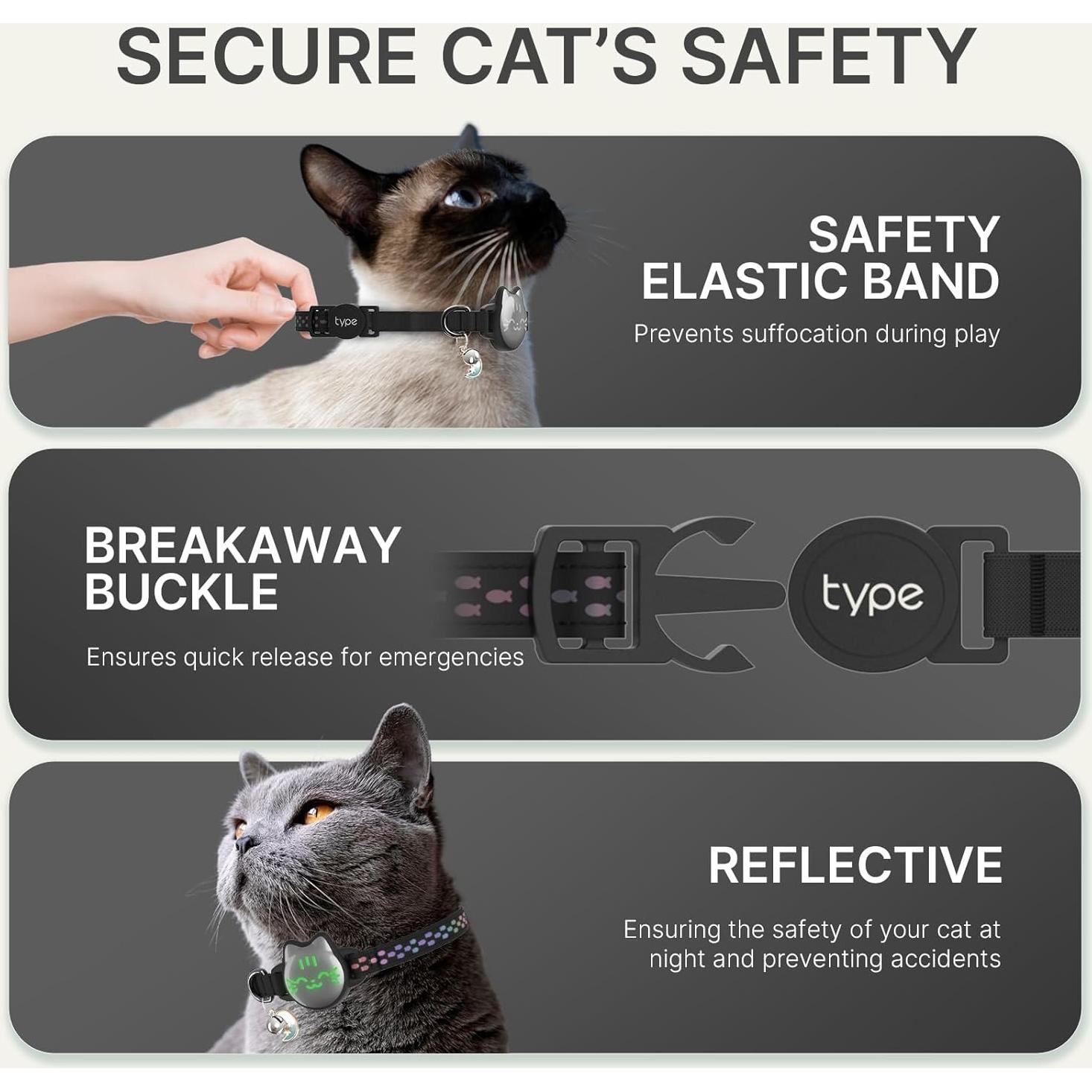 Waterproof Airtag Cat Collar, Breakaway Cat Airtag Collar with Luminous & Reflective Fish Pattern, Lightweight Kitten Collars for Apple Air tag, Hidden GPS Tracker Holder for Cats, Kittens(9-13")