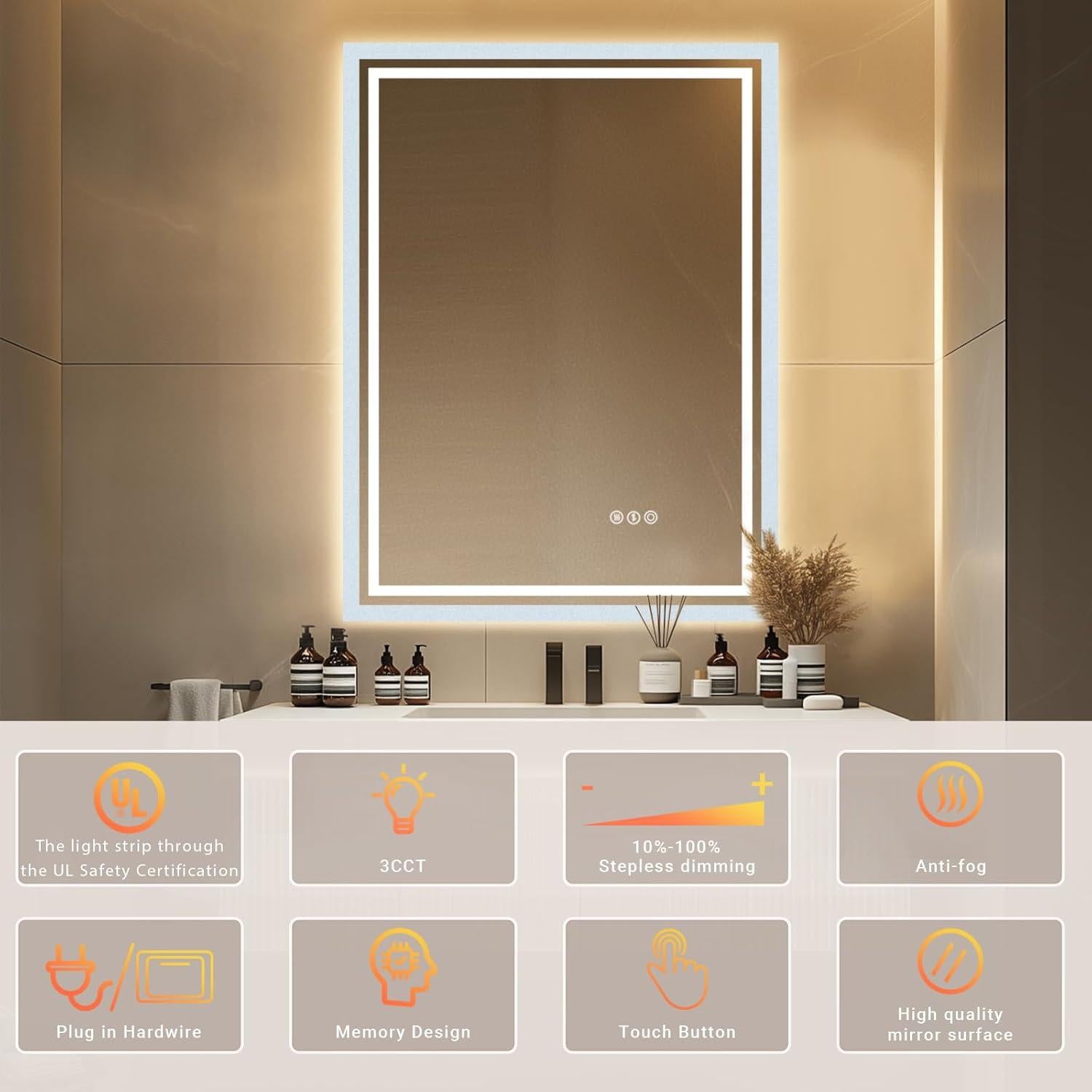 Espejo de baño LED AFMMFA 60.96x81.28 cm con anti-vaho