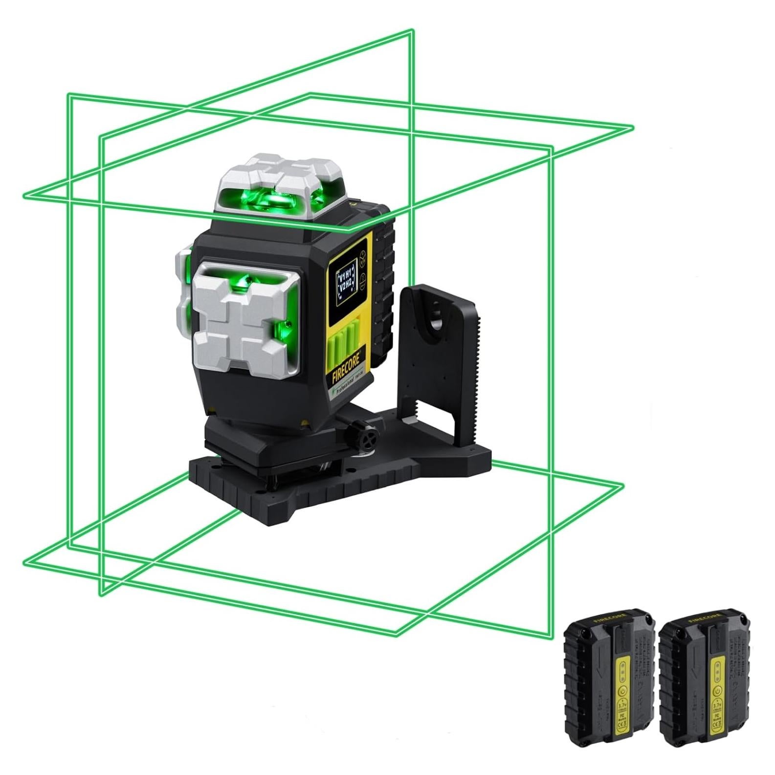 Firecore Laser Level 360 Self Leveling, 4 x 360° Green Cross Line Laser Leveler Tool for Construction 16 Lines Tiling Floor Laser Tool with Pluse Mode, 2 Rechargeable Batteries & Remote Control