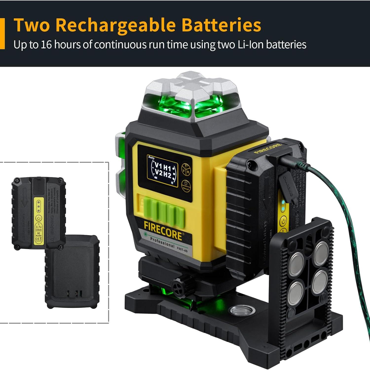 Firecore Laser Level 360 Self Leveling, 4 x 360° Green Cross Line Laser Leveler Tool for Construction 16 Lines Tiling Floor Laser Tool with Pluse Mode, 2 Rechargeable Batteries & Remote Control