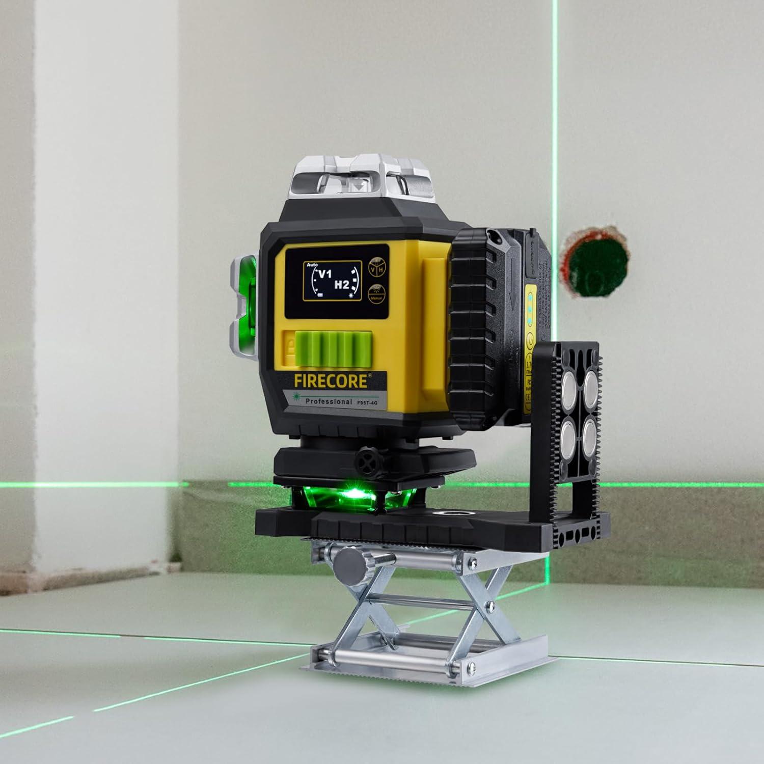 Firecore Laser Level 360 Self Leveling, 4 x 360° Green Cross Line Laser Leveler Tool for Construction 16 Lines Tiling Floor Laser Tool with Pluse Mode, 2 Rechargeable Batteries & Remote Control