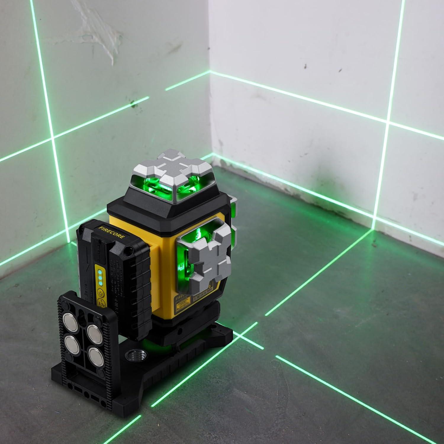 Firecore Laser Level 360 Self Leveling, 4 x 360° Green Cross Line Laser Leveler Tool for Construction 16 Lines Tiling Floor Laser Tool with Pluse Mode, 2 Rechargeable Batteries & Remote Control