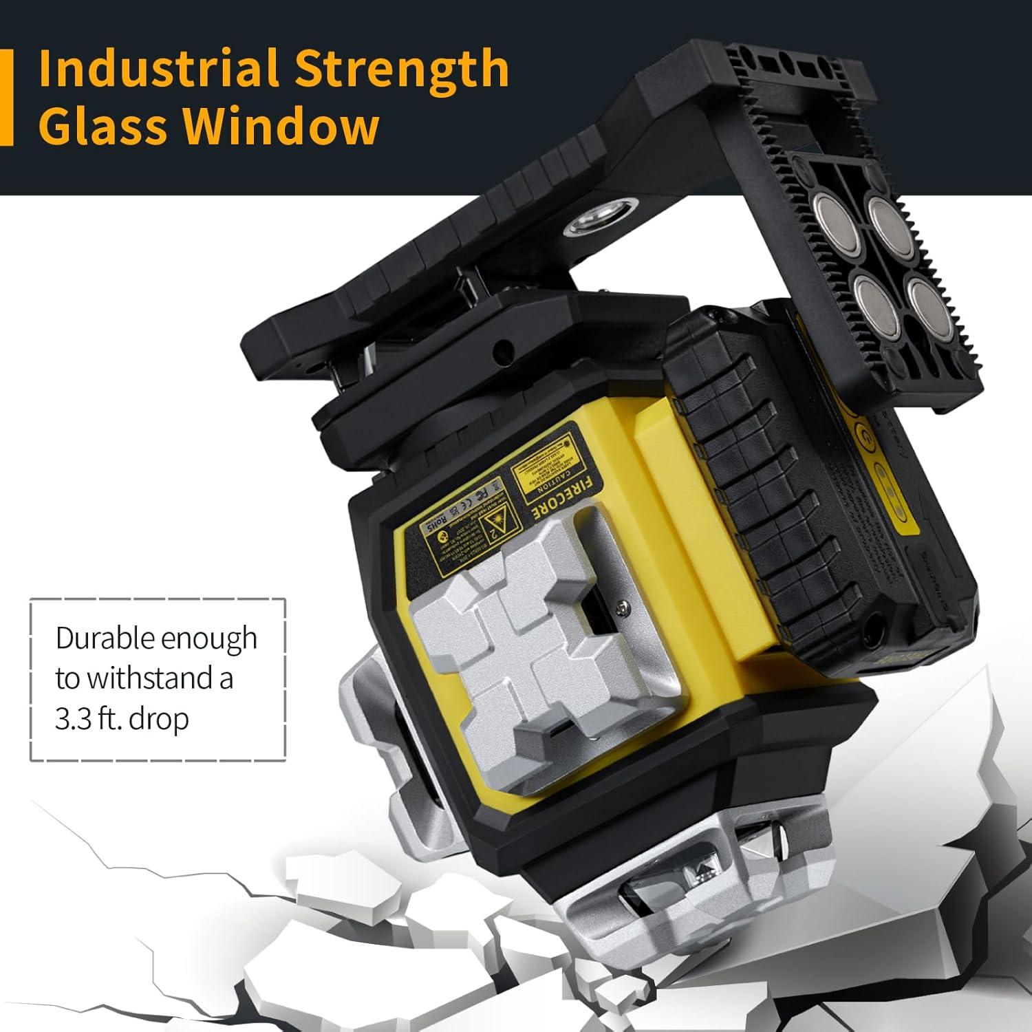 Firecore Laser Level 360 Self Leveling, 4 x 360° Green Cross Line Laser Leveler Tool for Construction 16 Lines Tiling Floor Laser Tool with Pluse Mode, 2 Rechargeable Batteries & Remote Control