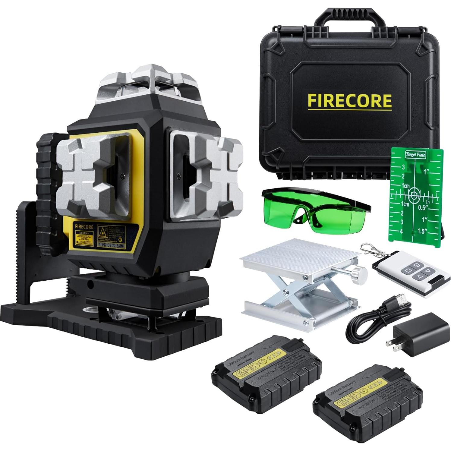 Firecore Laser Level 360 Self Leveling, 4 x 360° Green Cross Line Laser Leveler Tool for Construction 16 Lines Tiling Floor Laser Tool with Pluse Mode, 2 Rechargeable Batteries & Remote Control