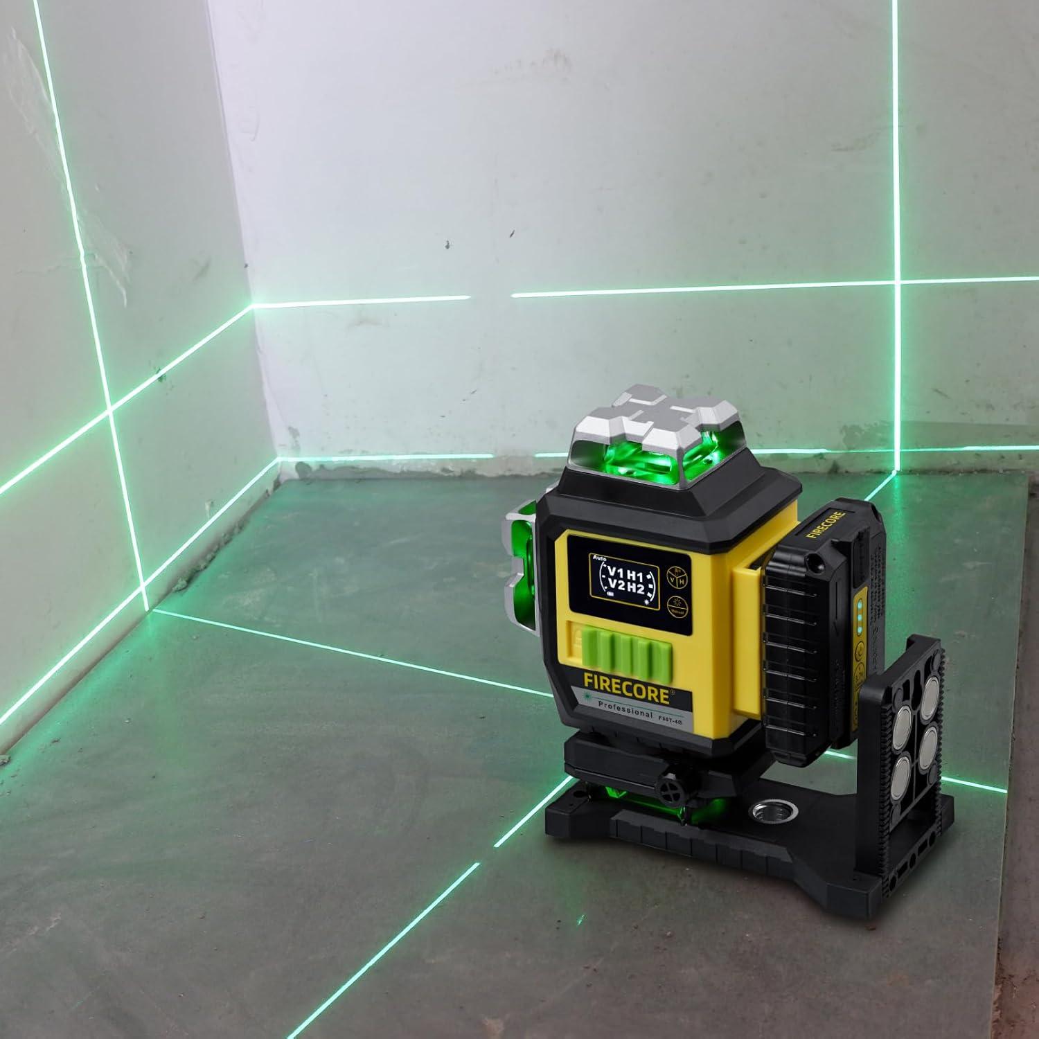 Firecore Laser Level 360 Self Leveling, 4 x 360° Green Cross Line Laser Leveler Tool for Construction 16 Lines Tiling Floor Laser Tool with Pluse Mode, 2 Rechargeable Batteries & Remote Control