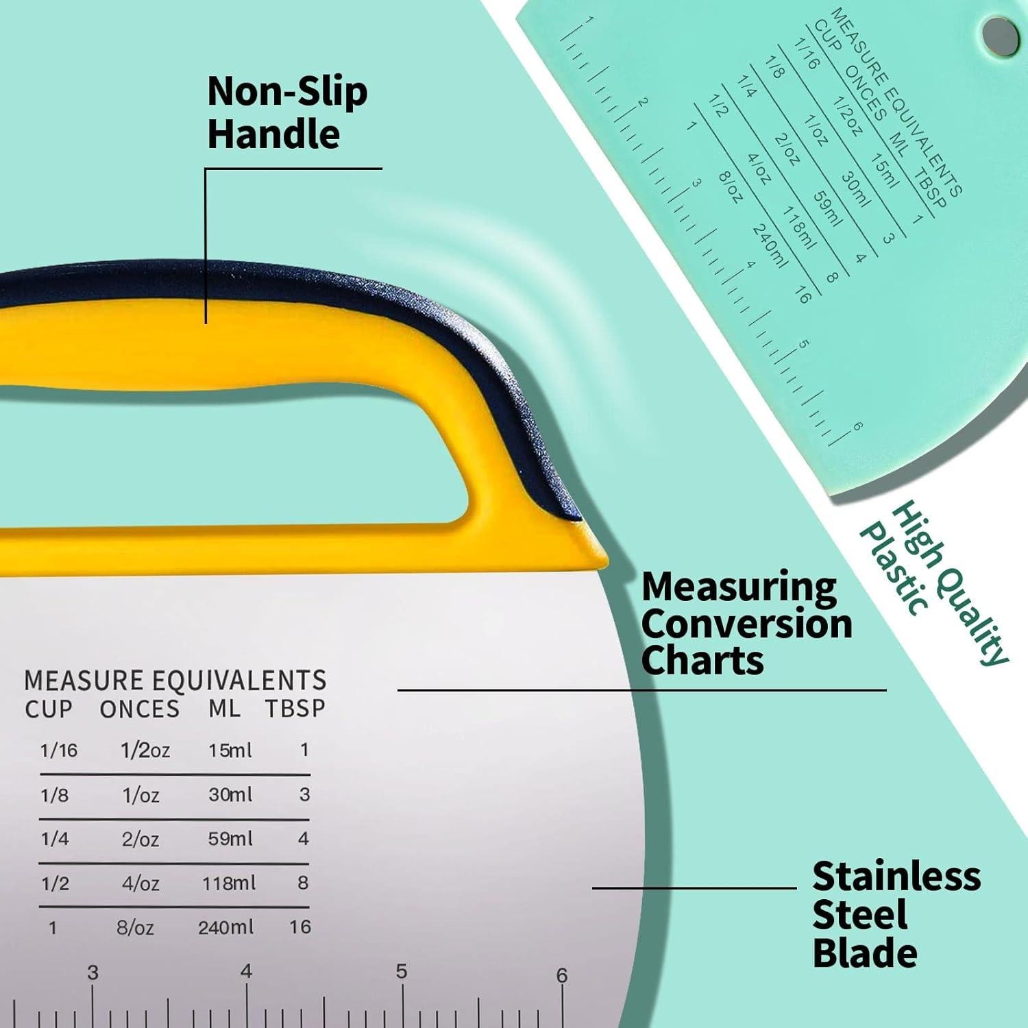 YGDZ Dough Scraper 2 PCS, Stainless Steel Bench Scraper With Grip, Plastic Dough Cutter with Measuring Scale, Multipurpose Pizza Cutter, Pastry Scraper, Bread Scraper for Baking, Dough, Cake