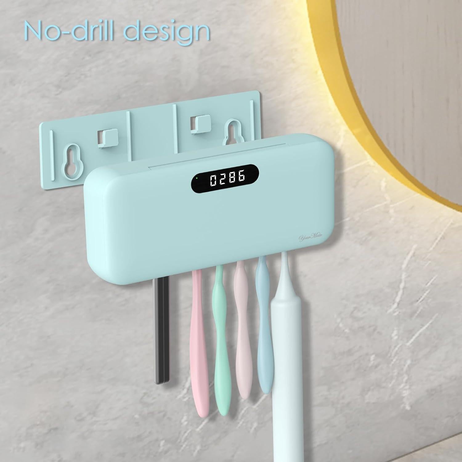 YourMate Toothbrush Holders for Bathrooms 4000mAh Rechargeable Wall Mounted Toothbrush 5-Minute Automatic Work Built-in Fan, No-Drill Installation, Blue