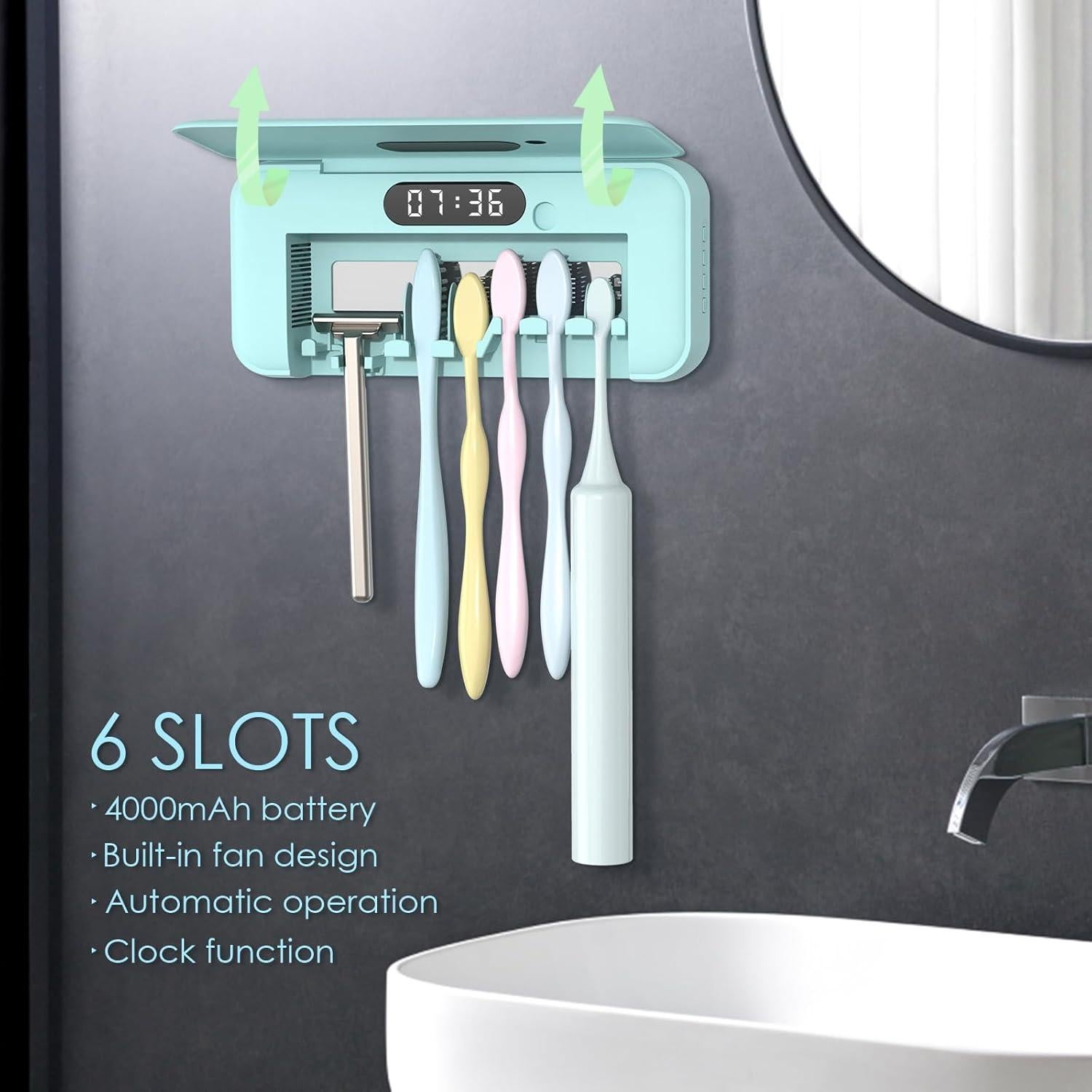 YourMate Toothbrush Holders for Bathrooms 4000mAh Rechargeable Wall Mounted Toothbrush 5-Minute Automatic Work Built-in Fan, No-Drill Installation, Blue