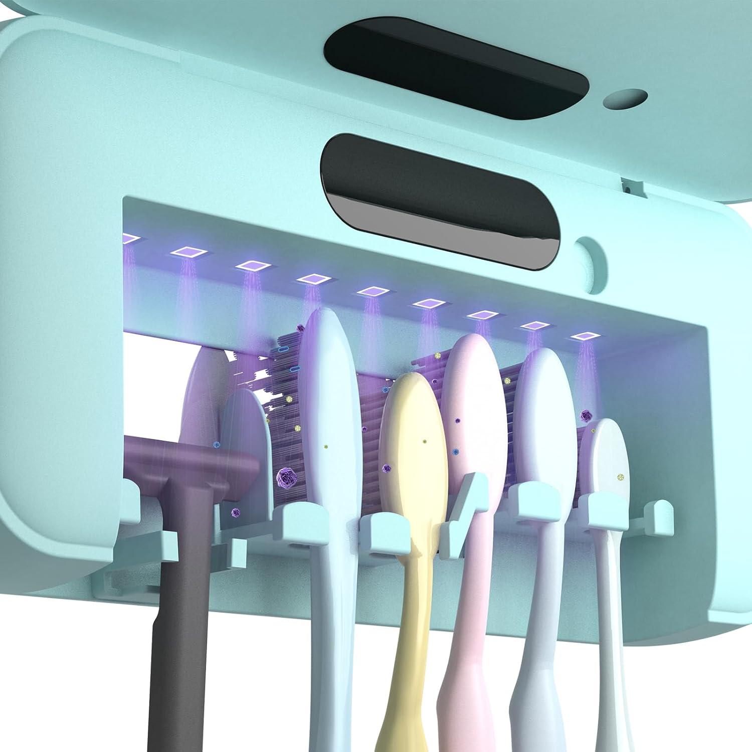 YourMate Toothbrush Holders for Bathrooms 4000mAh Rechargeable Wall Mounted Toothbrush 5-Minute Automatic Work Built-in Fan, No-Drill Installation, Blue