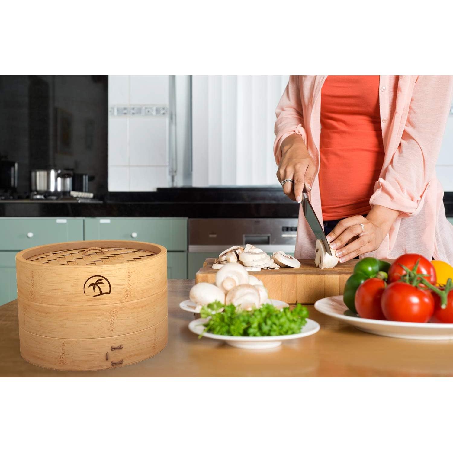 Cesta de vapor de bambú 2 niveles 25.4 cm con tapa y accesorios