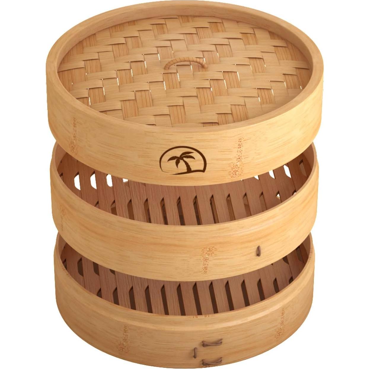 Cesta de vapor de bambú 2 niveles 25.4 cm con tapa y accesorios