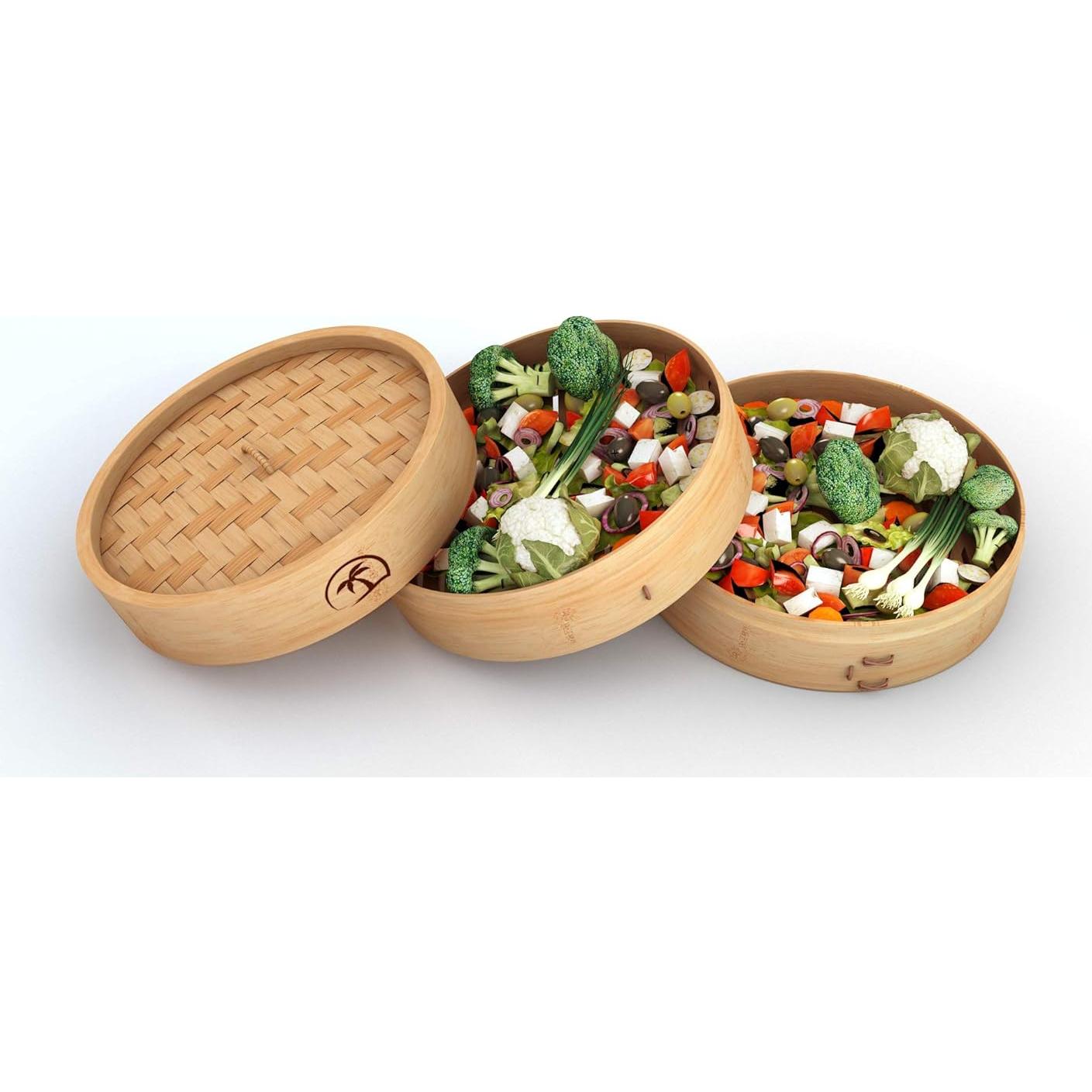 Cesta de vapor de bambú 2 niveles 25.4 cm con tapa y accesorios