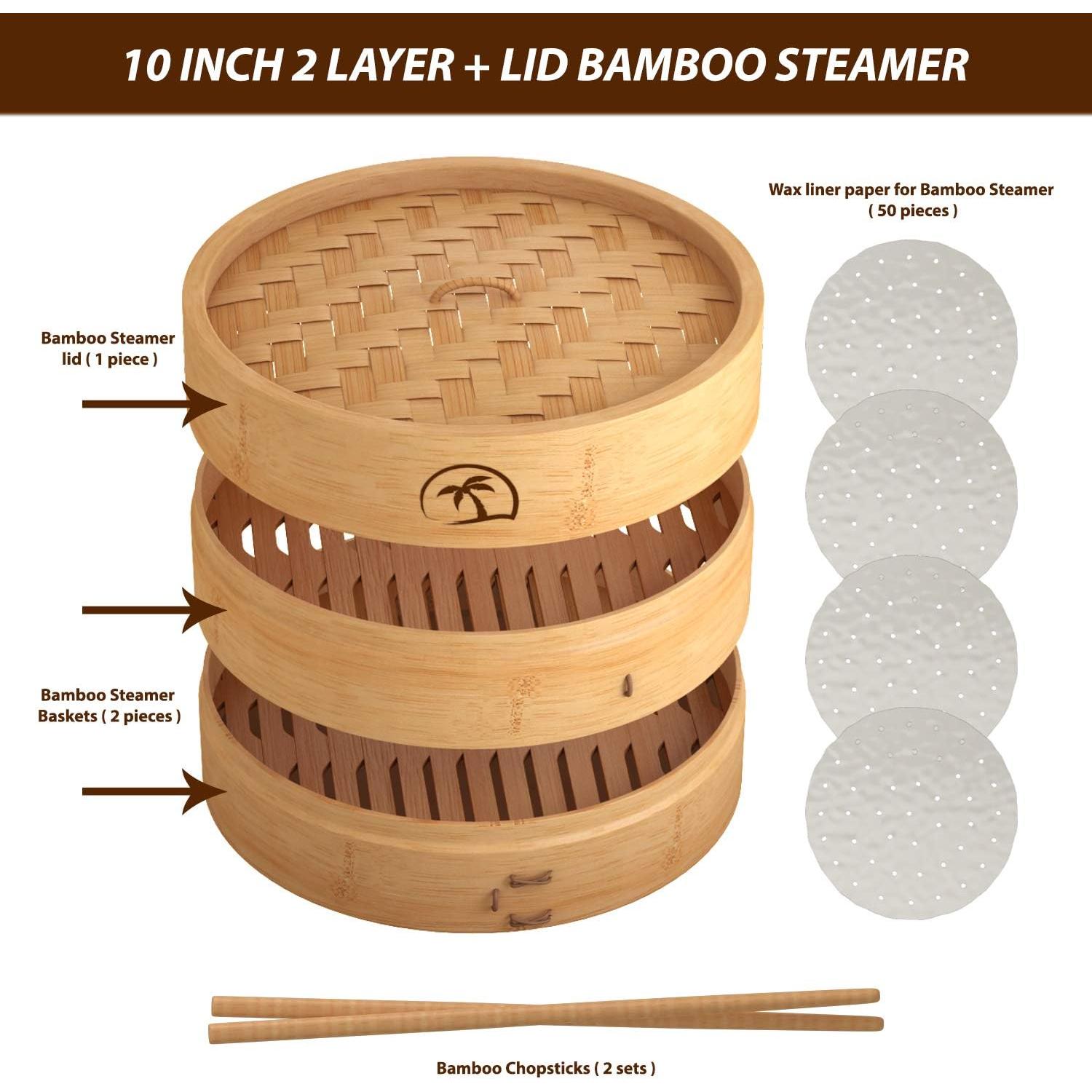 Cesta de vapor de bambú 2 niveles 25.4 cm con tapa y accesorios