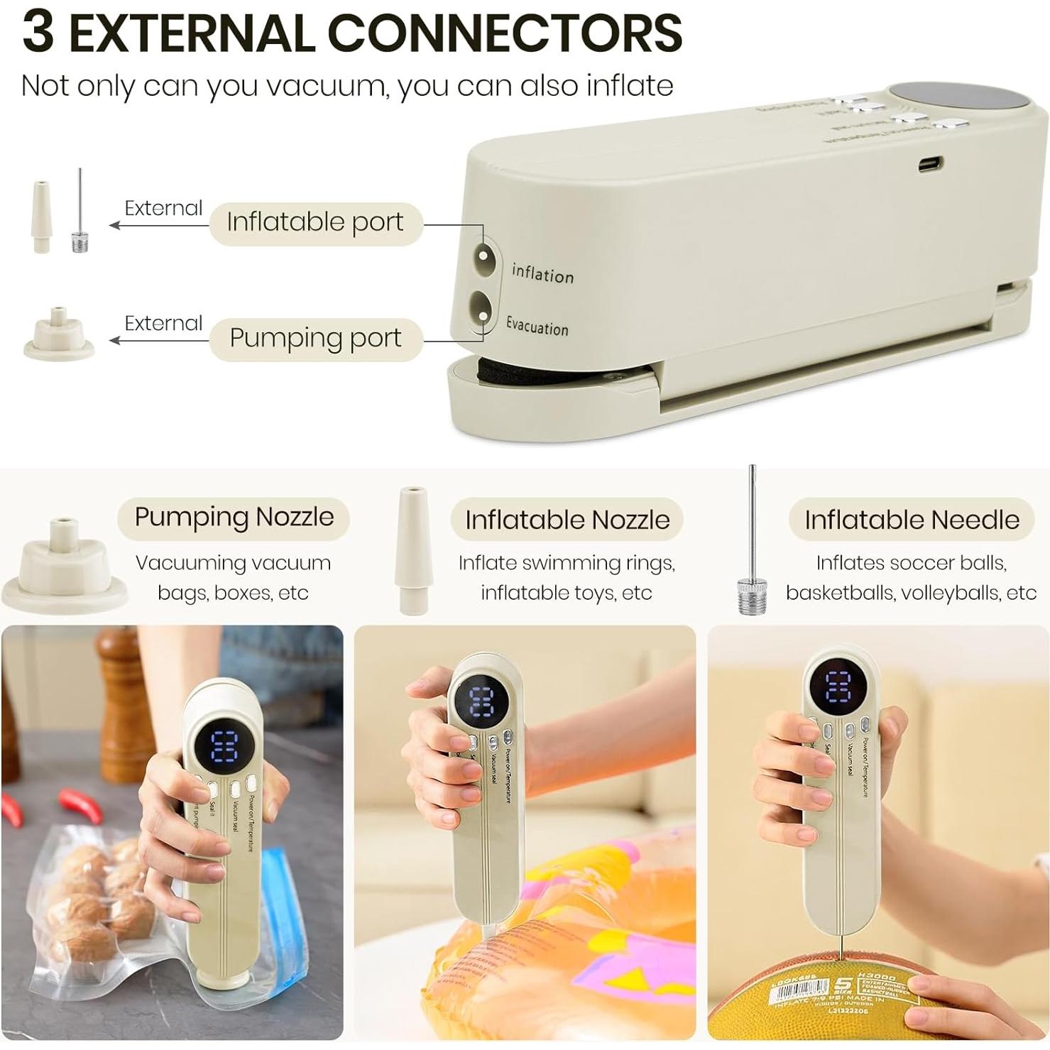 Mini Vacuum Sealer for Food, 3 in 1 Cordless Rechargeable Food Sealer for Dry/Moist Food Storage with 4 Snack Bags, Heat Sealer for Chip Bags, Inflation Pump for Balls/Swim Ring - Beige