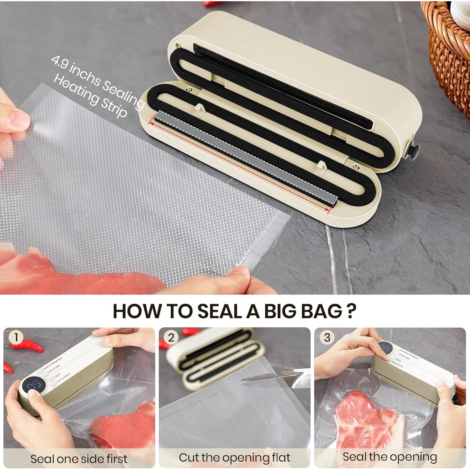 Mini Vacuum Sealer for Food, 3 in 1 Cordless Rechargeable Food Sealer for Dry/Moist Food Storage with 4 Snack Bags, Heat Sealer for Chip Bags, Inflation Pump for Balls/Swim Ring - Beige