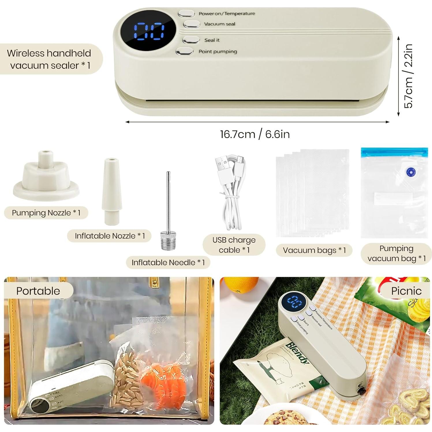 Mini Vacuum Sealer for Food, 3 in 1 Cordless Rechargeable Food Sealer for Dry/Moist Food Storage with 4 Snack Bags, Heat Sealer for Chip Bags, Inflation Pump for Balls/Swim Ring - Beige