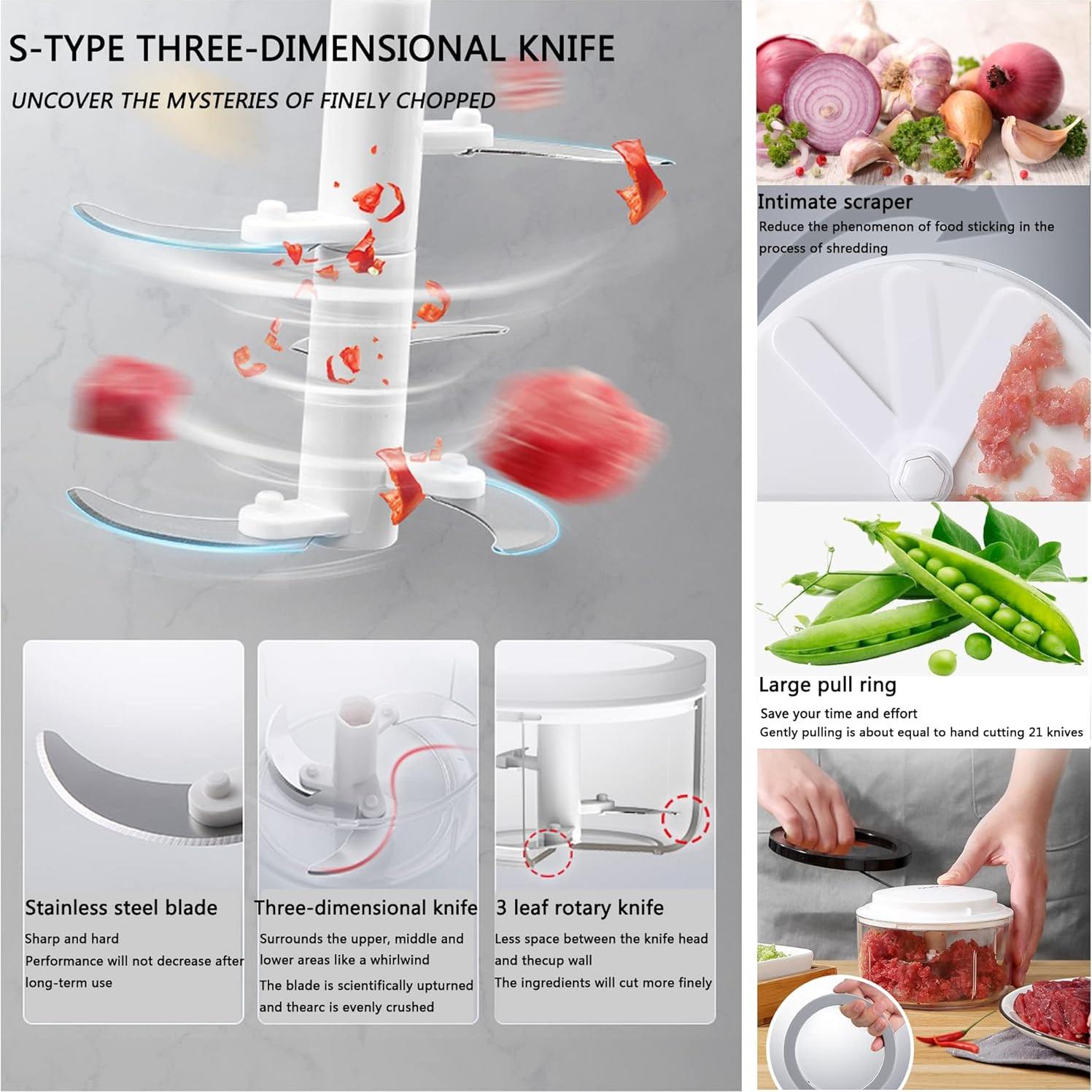 Manual Food Chopper Vegetable Chopper, ZWCEGND 550ML Garlic Mincer Hand Pull String Onion Cutter with Big Pull Ring for Veggies, Meat, Ginger, Peppers, Fruits, Nuts, Herbs, etc