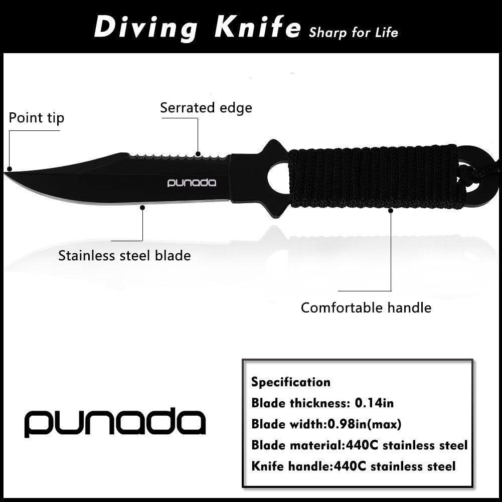 Cuchillo de Buceo Punada Negro con Funda y Correajes