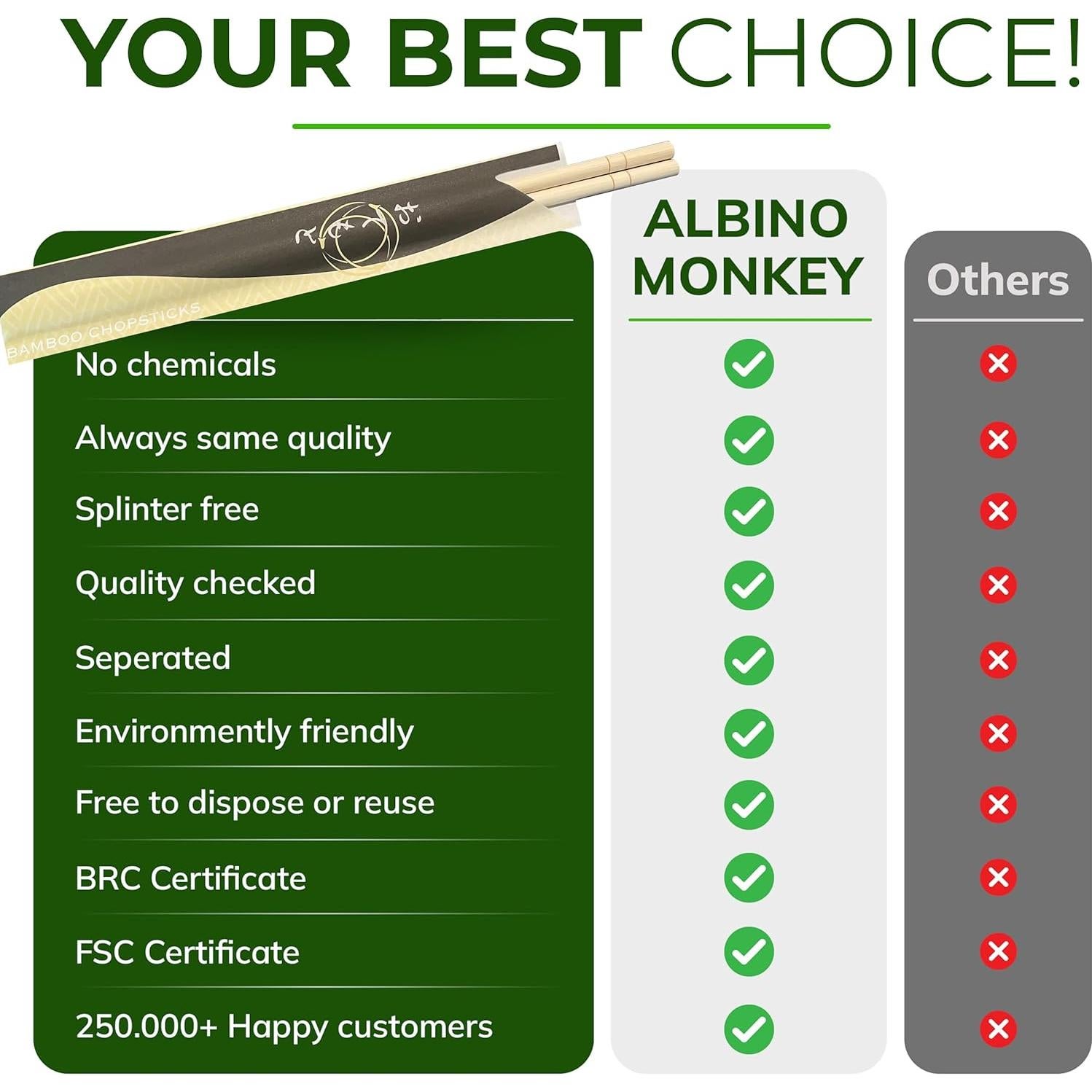 Palillos Desechables de Bambú Mono Albino 23.5 cm - 100 Pares