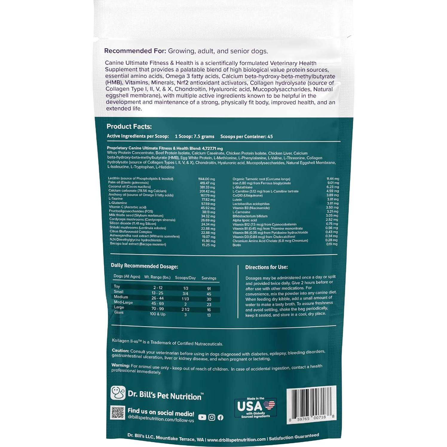 Dr. Bill’s Canine Ultimate Fitness & Health Vitamins for Dogs | Multivitamin for Dogs w/Coenzyme Q-10, Vitamin E, Vitamin D-3, Biotin, Folic Acid, Hyaluronic Acid Dog Vitamins and Supplements 340g