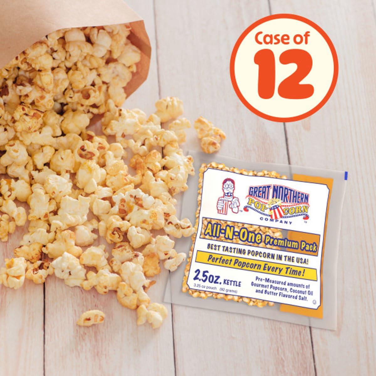 Movie Theater Style 12-Count Popcorn Packs-Pre-Measured 2.5 Ounce All-in-One Kernel, Salt, Oil Packets for Popping Machines by Great Northern Popcorn
