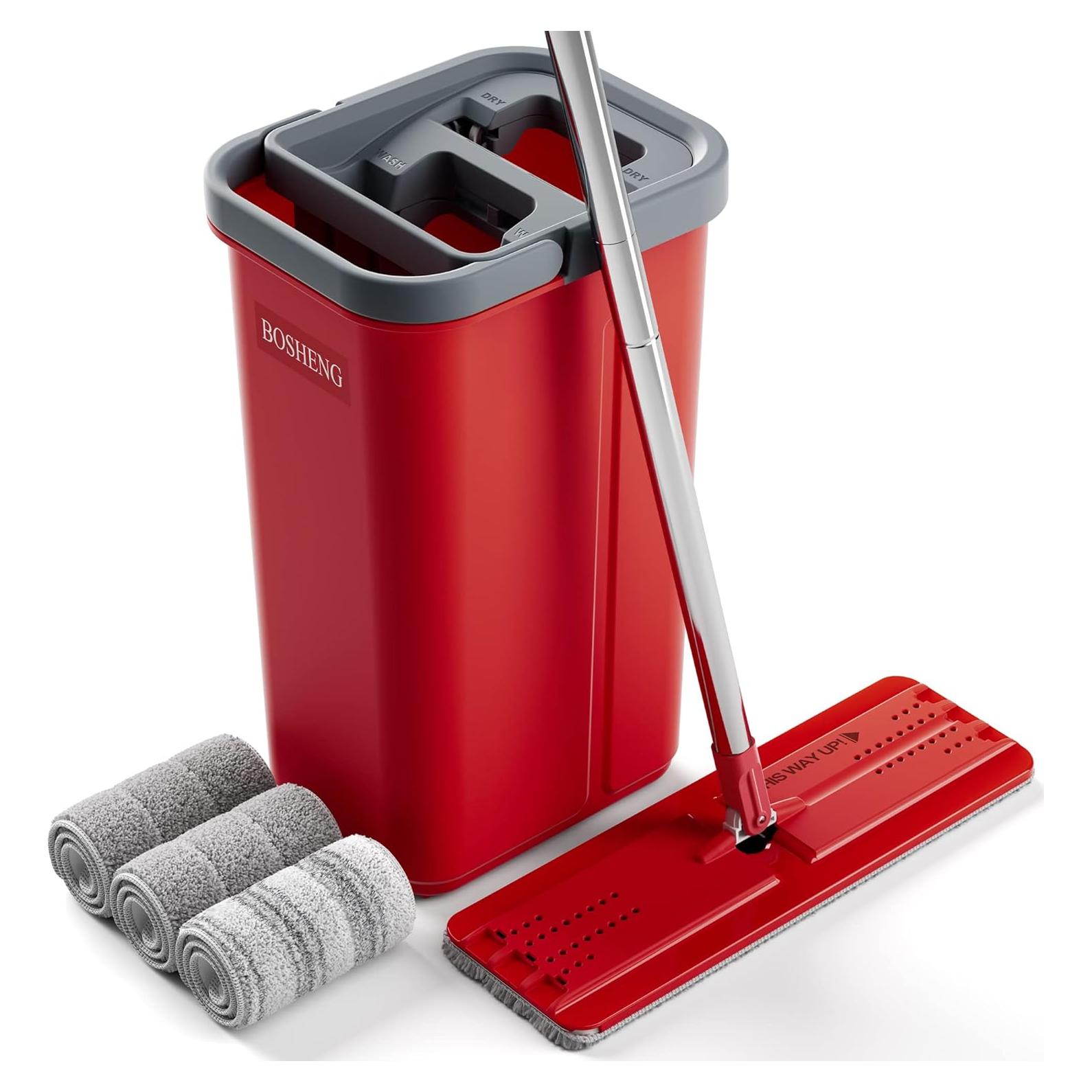 Mop and Bucket with Wringer Set, Flat Mop and Bucket, Squeeze Floor Mop with 3 Washable Microfiber Mops, Wet and Dry Use, Household Cleaning Tools, for Hardwood Floor, Laminate, Tile