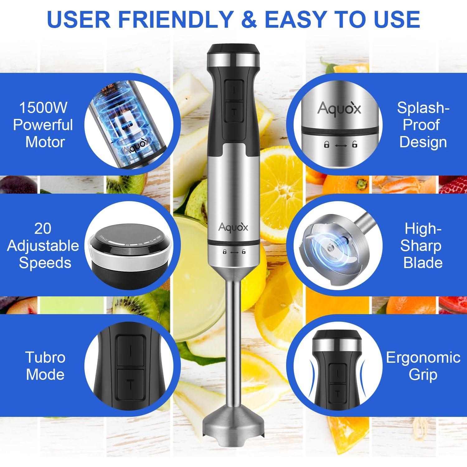 Batidora de Inmersión AQUOX 1500W 5 en 1 con 20 Velocidades