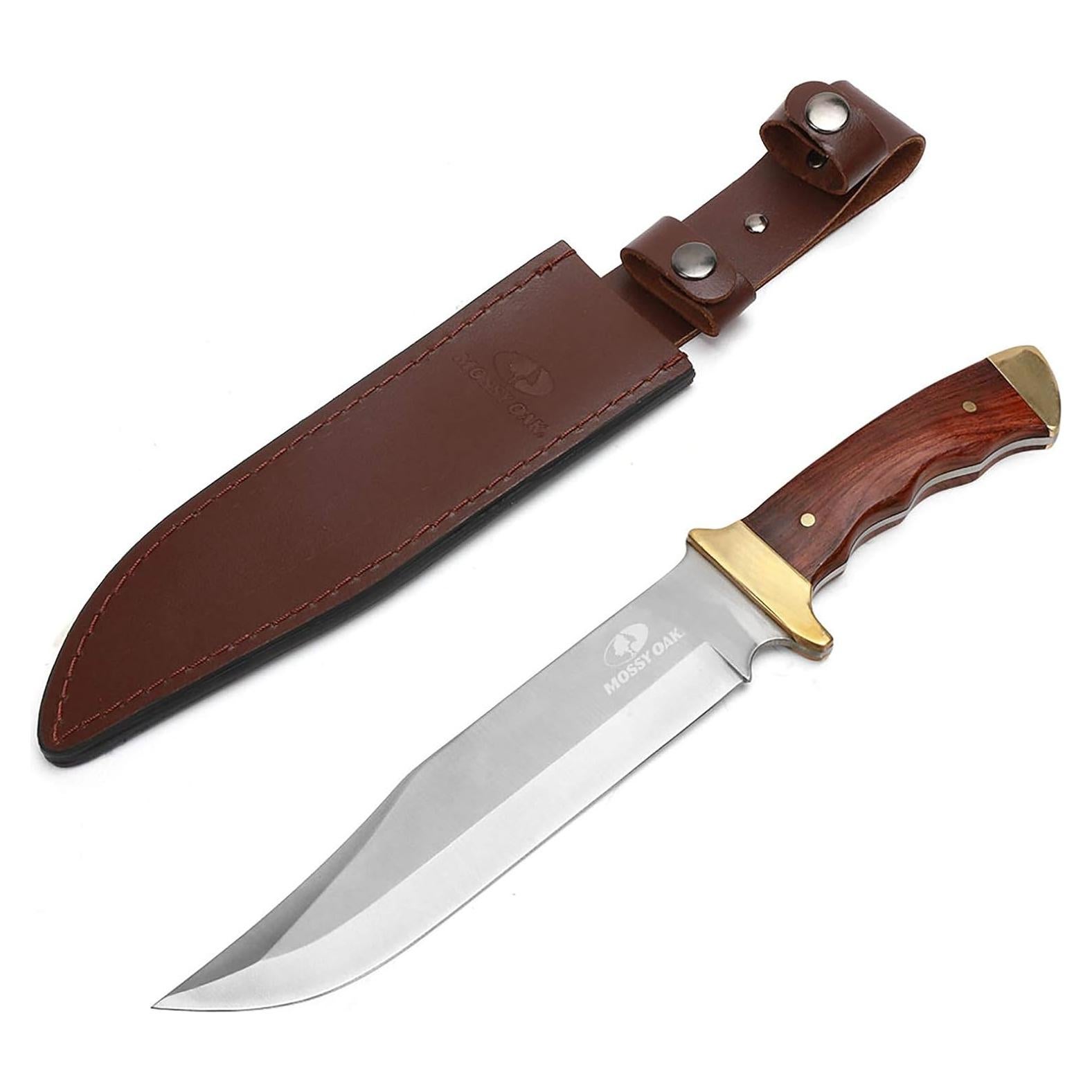 Cuchillo Bowie Mossy Oak 355 mm, mango de madera y funda de cuero