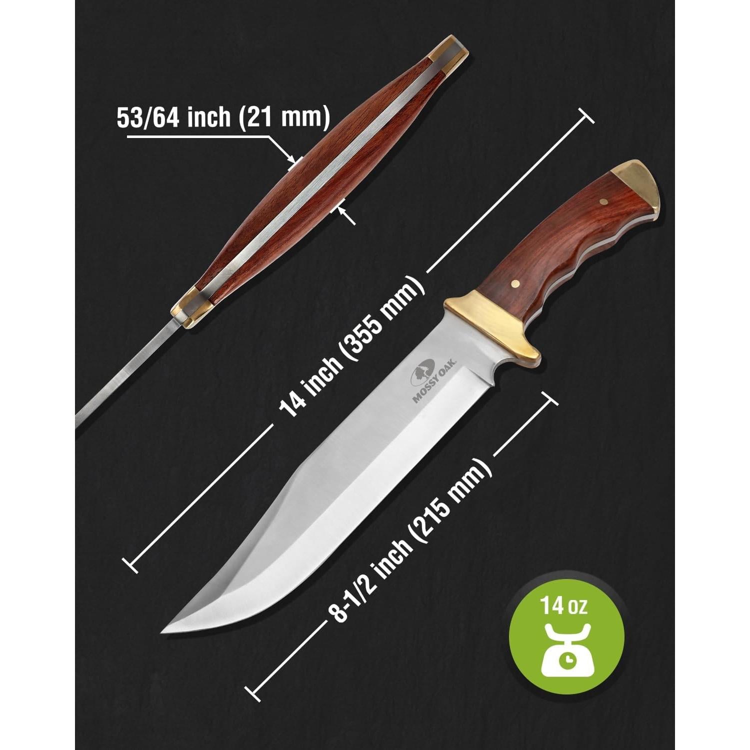 Cuchillo Bowie Mossy Oak 355 mm, mango de madera y funda de cuero