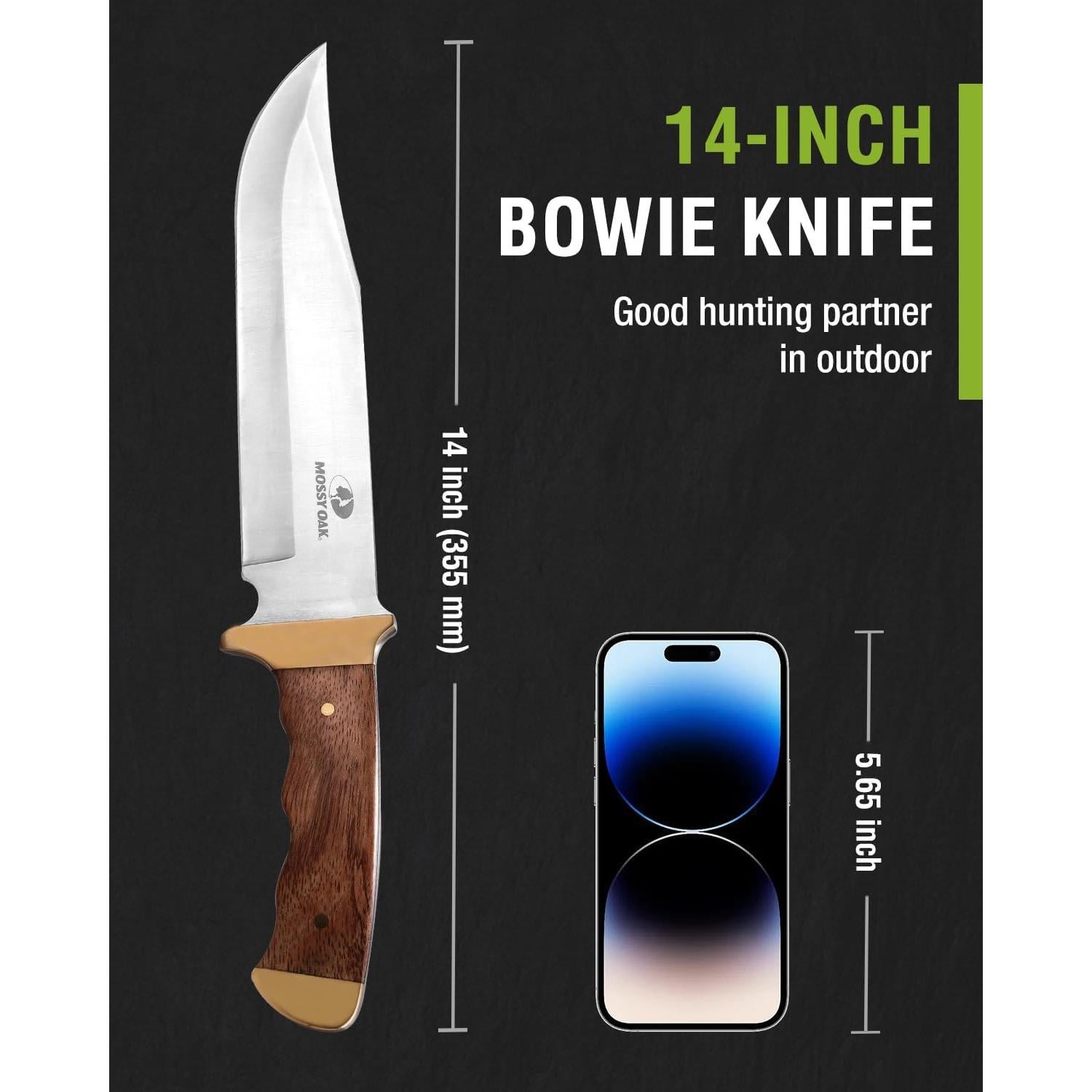 Cuchillo Bowie Mossy Oak 355 mm, mango de madera y funda de cuero