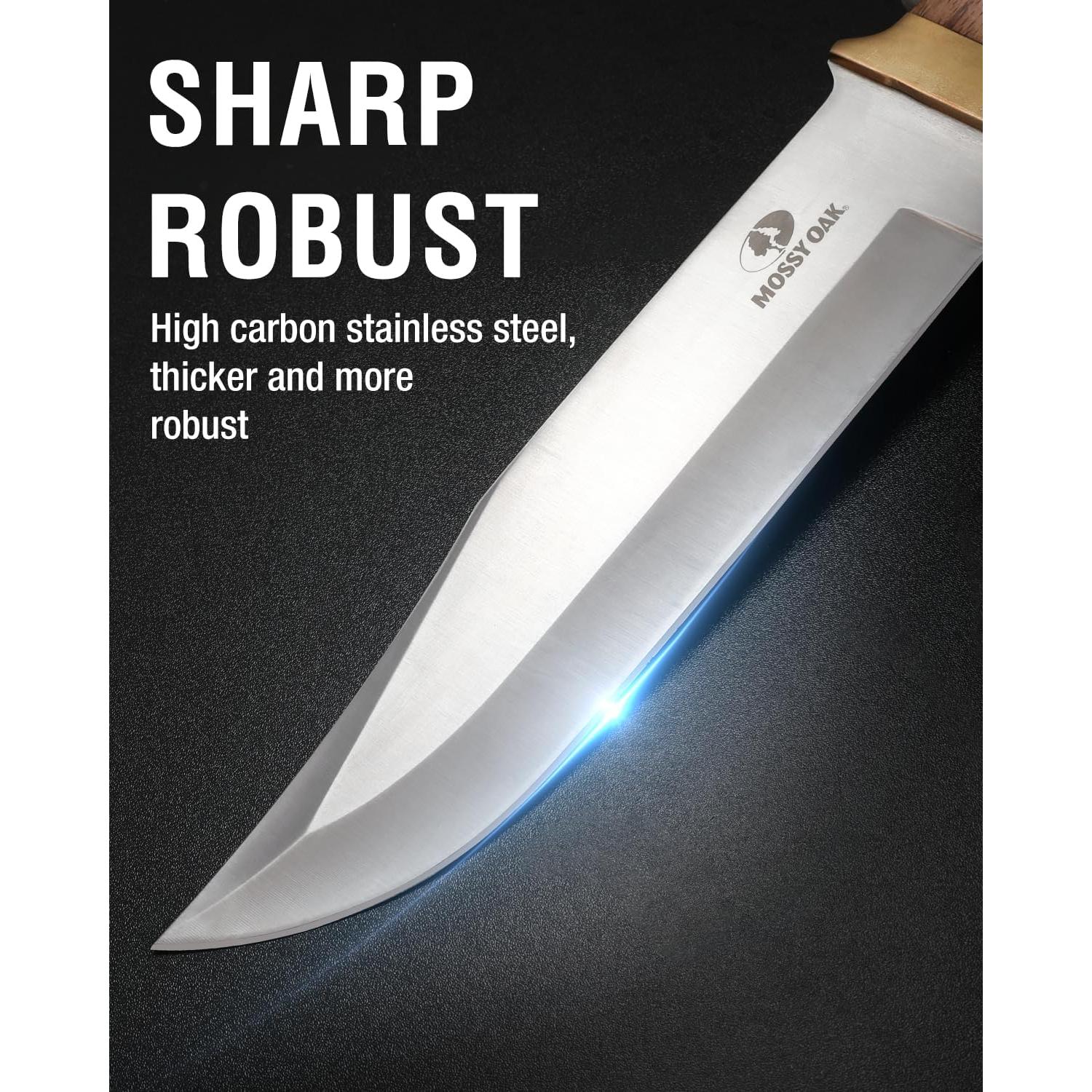 Cuchillo Bowie Mossy Oak 355 mm, mango de madera y funda de cuero