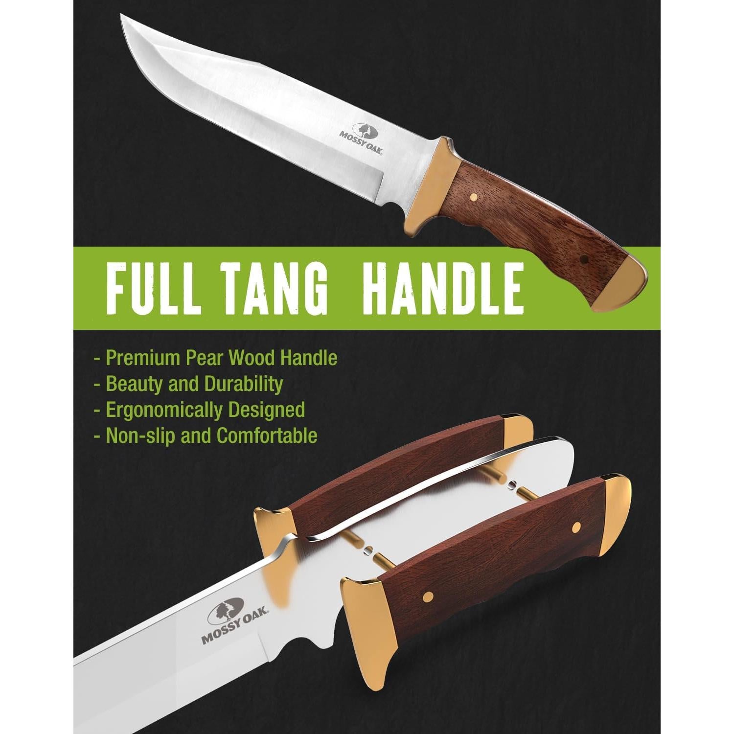 Cuchillo Bowie Mossy Oak 355 mm, mango de madera y funda de cuero