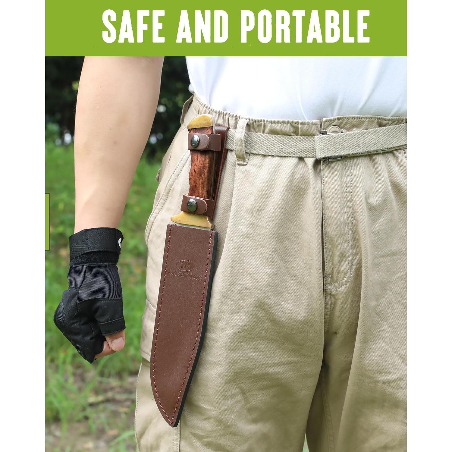 Cuchillo Bowie Mossy Oak 355 mm, mango de madera y funda de cuero