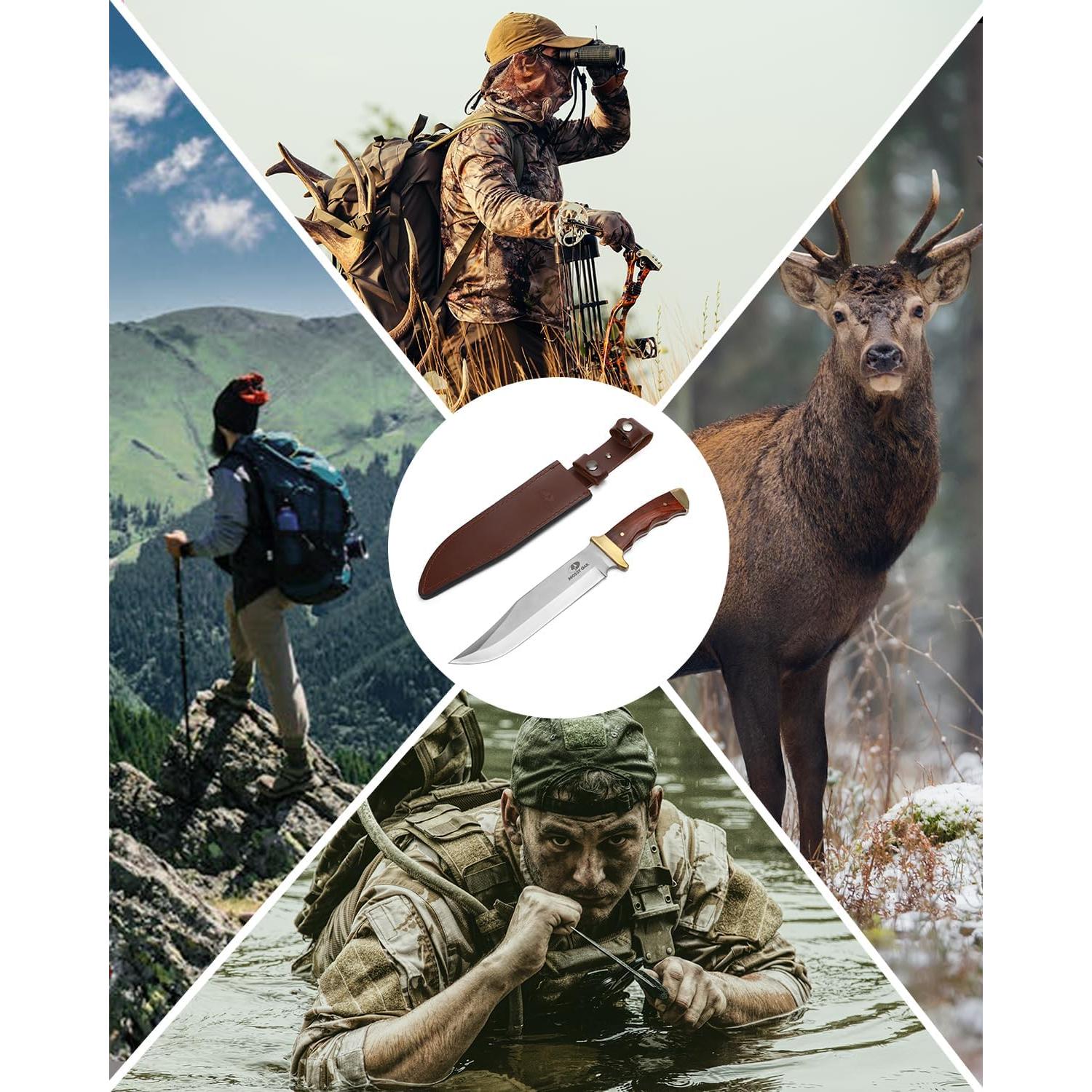 Cuchillo Bowie Mossy Oak 355 mm, mango de madera y funda de cuero