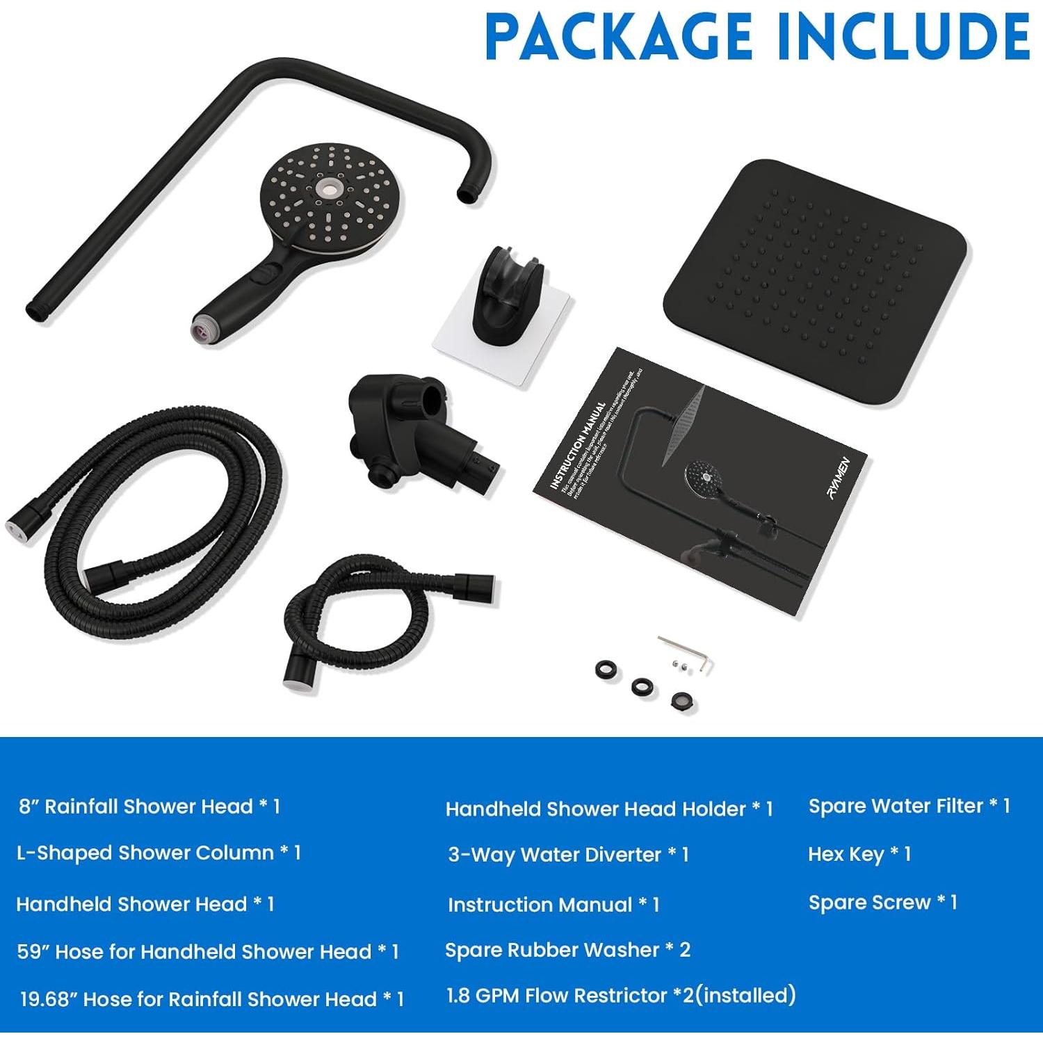 Combo Cabezal de Ducha Doble Ryamen 8" (20.32 cm) Alta Presión